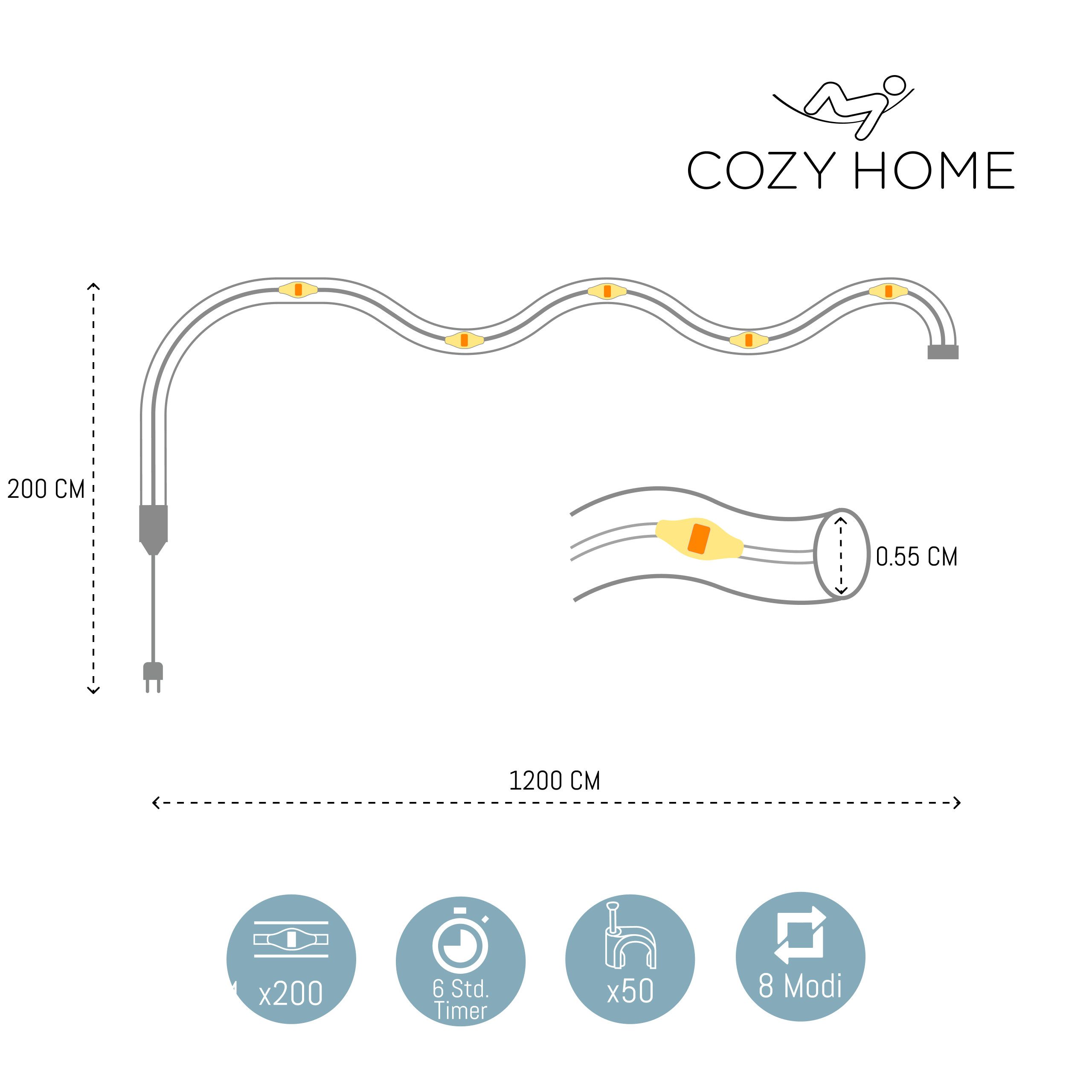 COZY HOME LED-Lichterkette Schlauch LED Stecker & Solar -, 200 LED I 8 Modi & Timer I 12m I Lichtschlauch I Outdoor – Bild 4 von 5