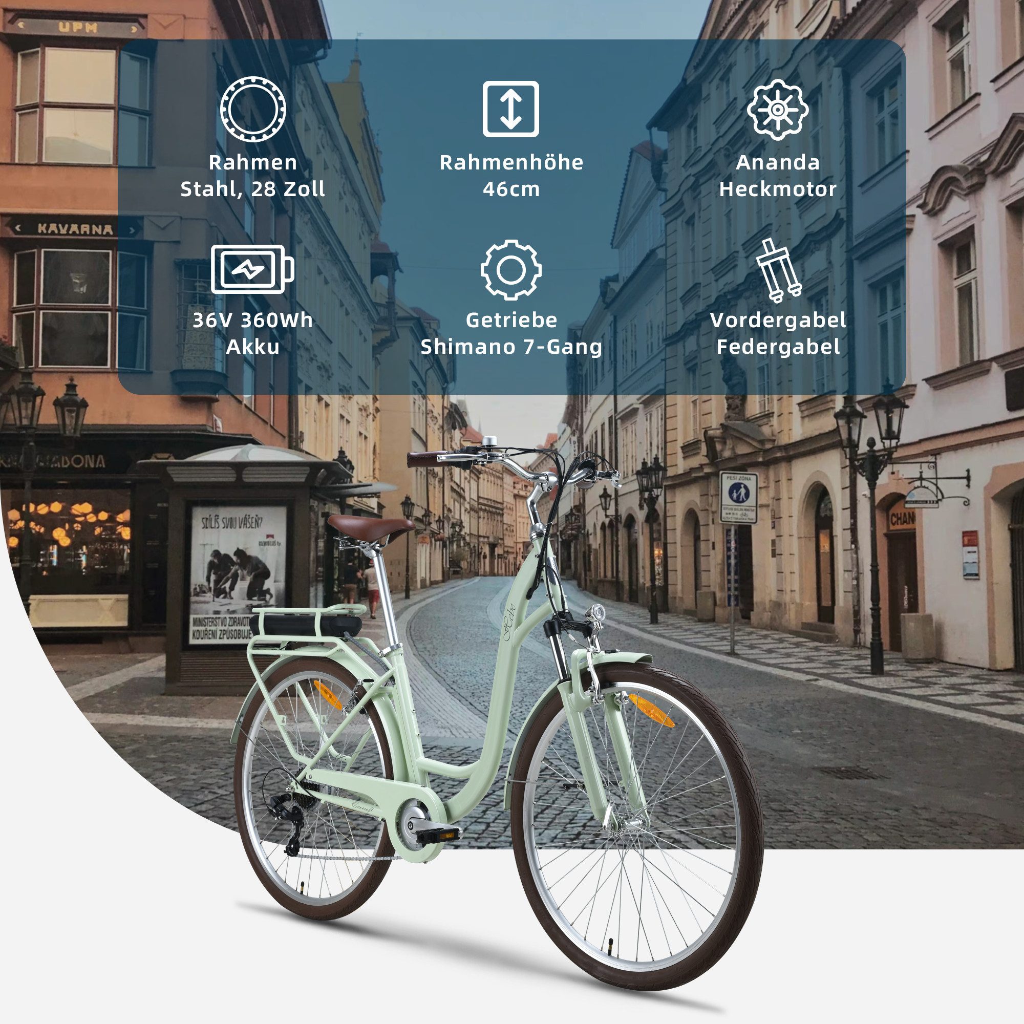VECOCRAFT E-Bike Cityrad 28’’ Elektrofahrrad 36V 10Ah 80mm Federgabel 40Nm HEBE Ebike Damen, 7 Gang, Heckmotor, 360 Wh, Pedelec Citybike für Damen und Herren