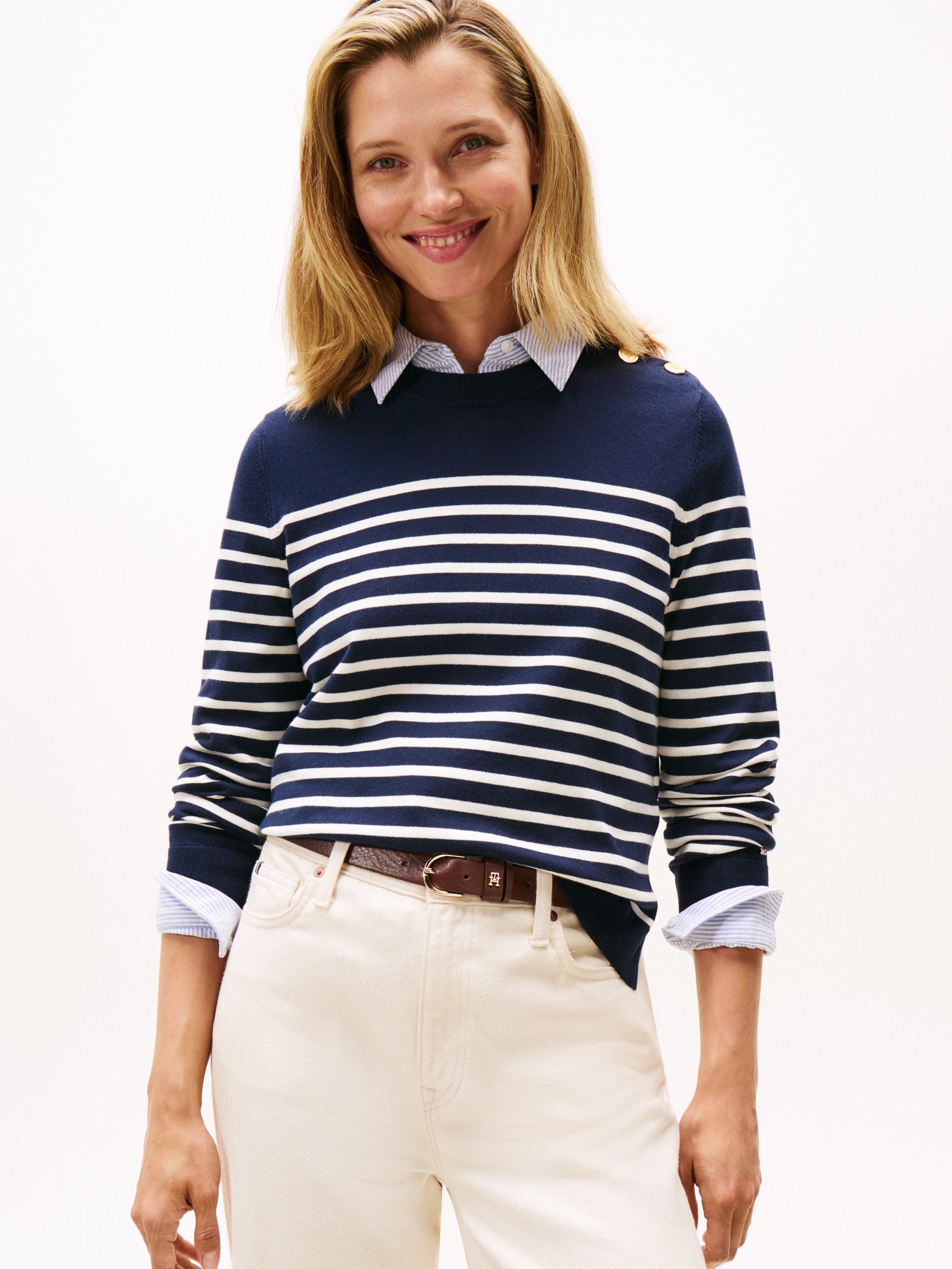 Tommy Hilfiger Strickpullover CO JERSEY MID GG LS GOLD BTN SWT mit goldfarb günstig online kaufen