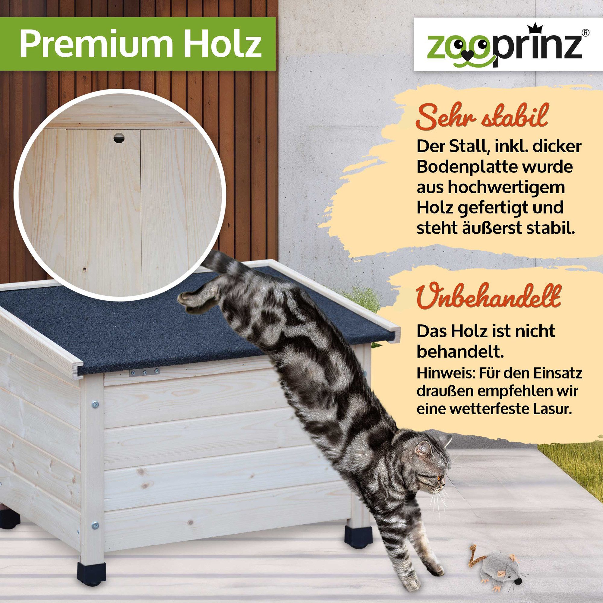 Zooprinz Tierhaus Katzenhaus Winterfest Indoor Outdoor mit Plüschmaus, Massivholz, klappbares Bitumendach, wetterfest, made in Europe