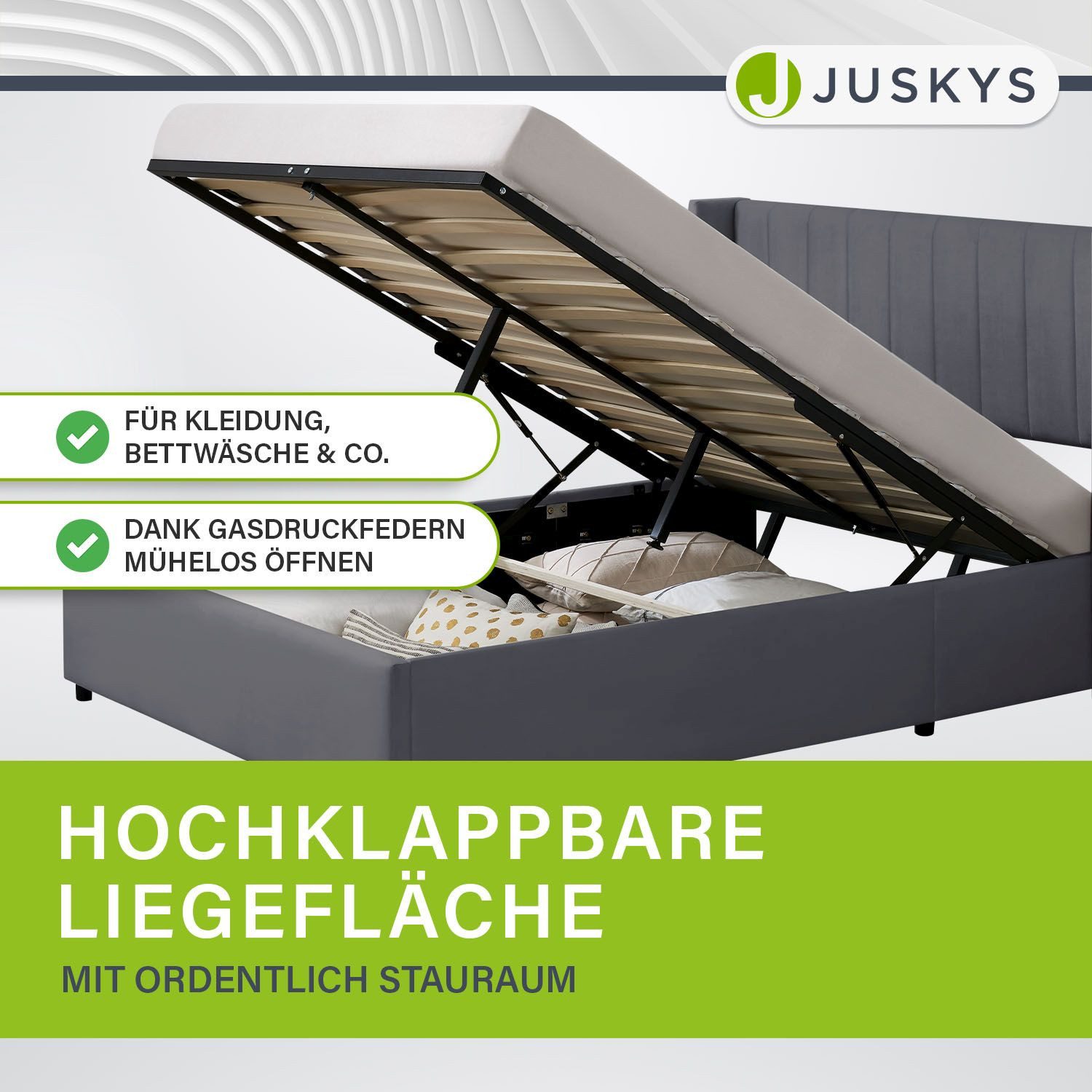 Juskys Polsterbett Savona, großer Stauraum, mit Gasdruckfeder, weicher Samt-Bezug