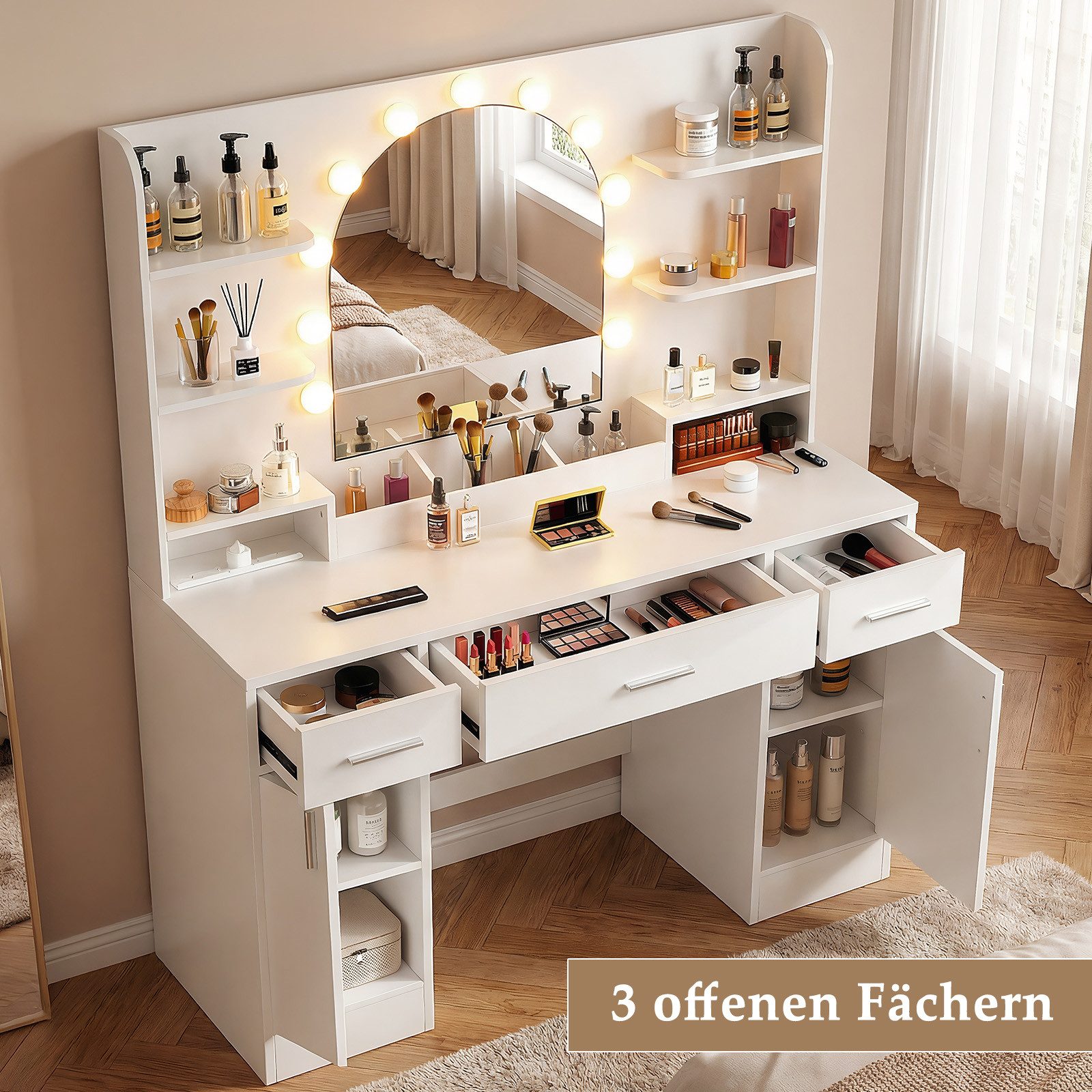 oyajia Schminktisch 110*40*140CM Frisiertisch mit 2 AC-Steckdosen, 1 USB-A und 1 USB-C (Frisiertisch weiß mit Spiegel), Mit LED-Beleuchtung, 3 Schubladen, 6 Fächer