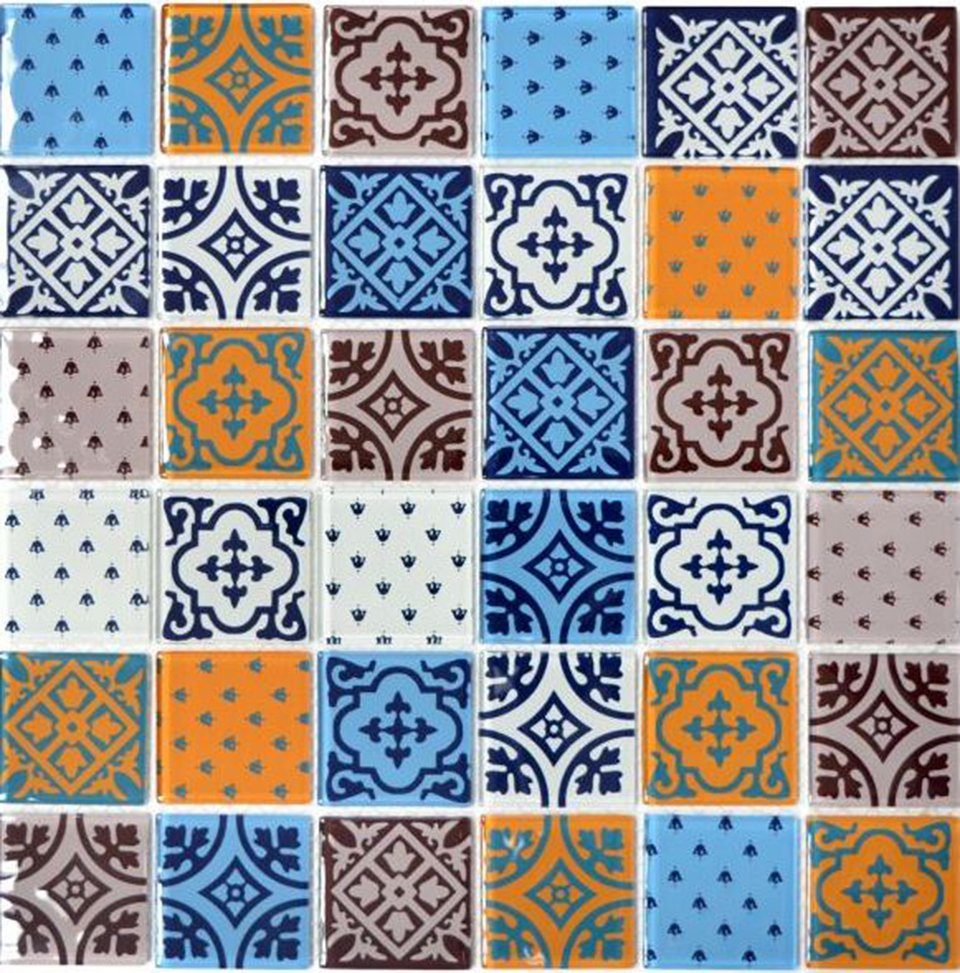 Mosani Mosaikfliesen Mosaik weiß / glänzend 10 Glasmosaik blau orange Crystal Matten grau