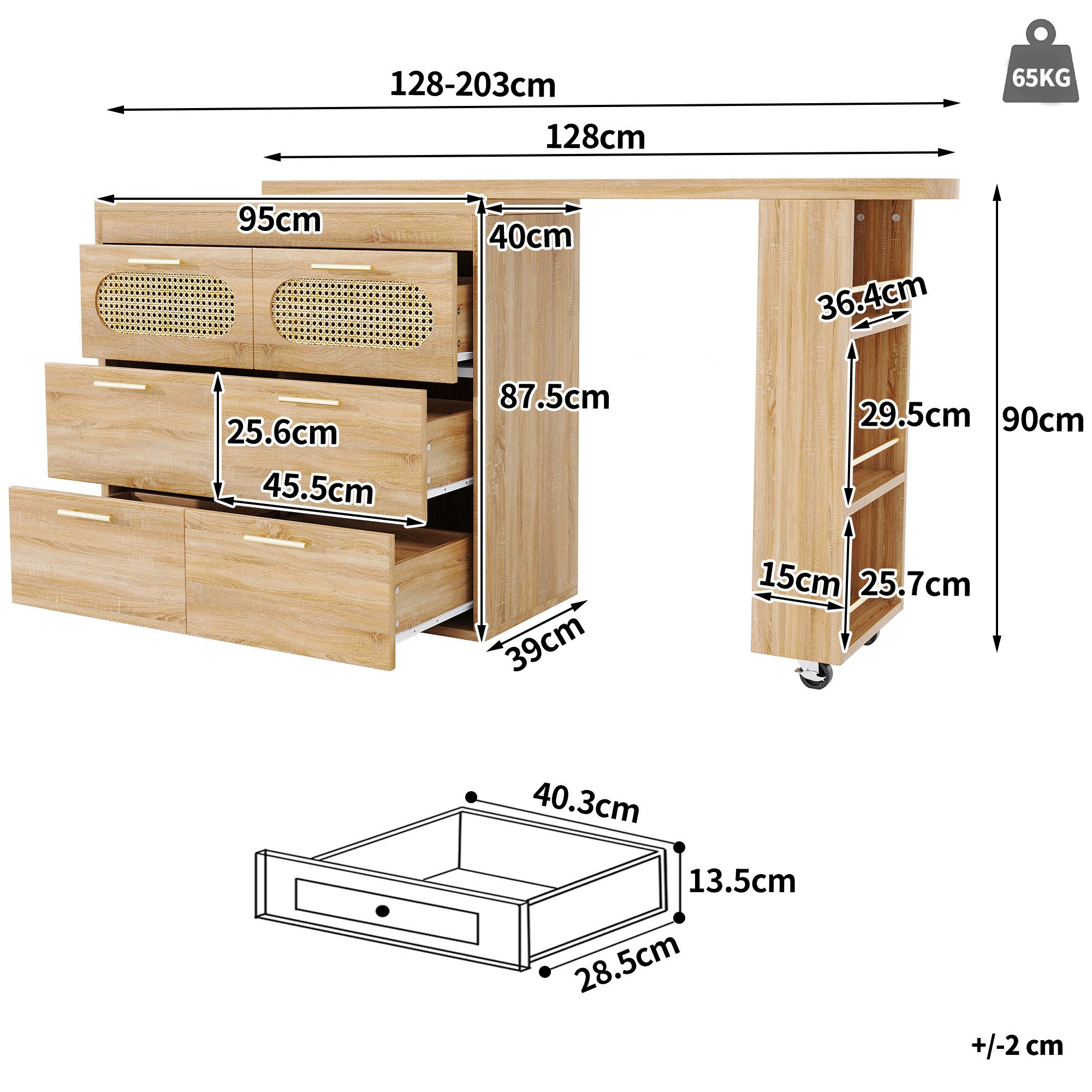 Flieks Bartisch 360° drehbar Stehtisch & Kommode mit Rattan-Schubladen (Set, 2-St., schwenkbarer Tisch mit Schrank), ausziehbar Esstisch mit Ablagen und Rollen  – Bild 5 von 5