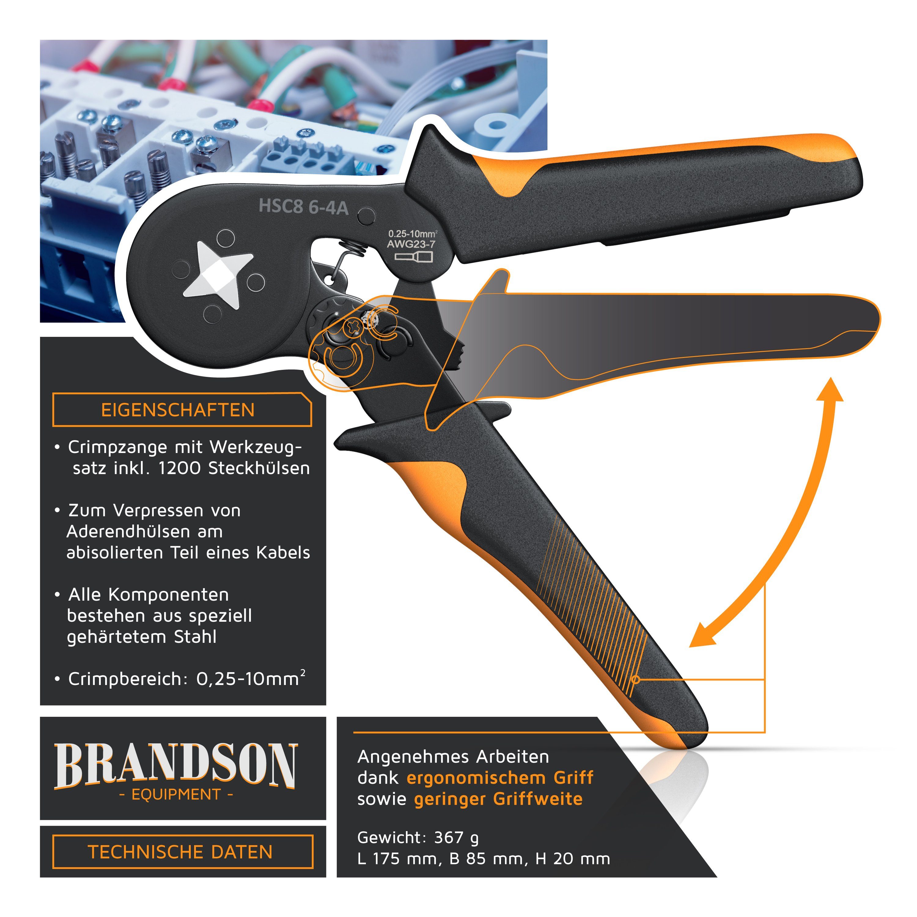 Brandson Abisolierzange, Crimpzange mit 1200 Aderendhülsen, Aderendhülsenzange 0,25mm² – 10mm²