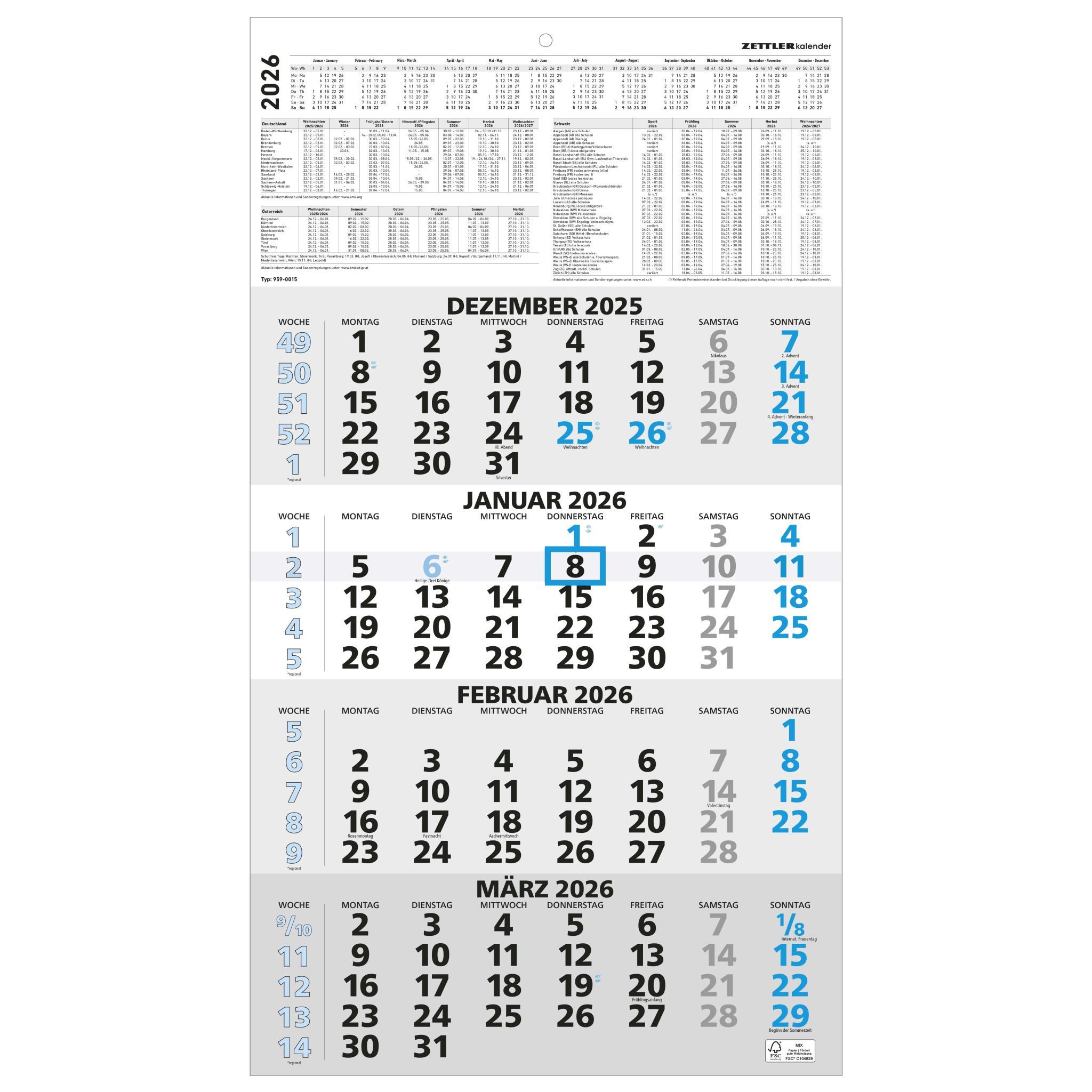 NEUMANN Wandkalender ZETTLER Viermonatskalender 959-0015