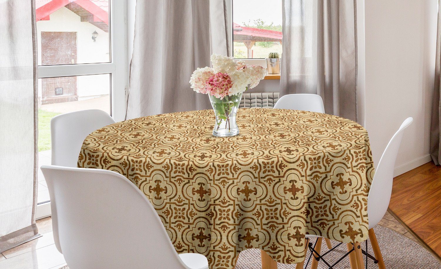 Abakuhaus Tischdecke Kreis Tischdecke Abdeckung für Esszimmer Küche Dekoration, Erdfarben Damast-Art-Blumen