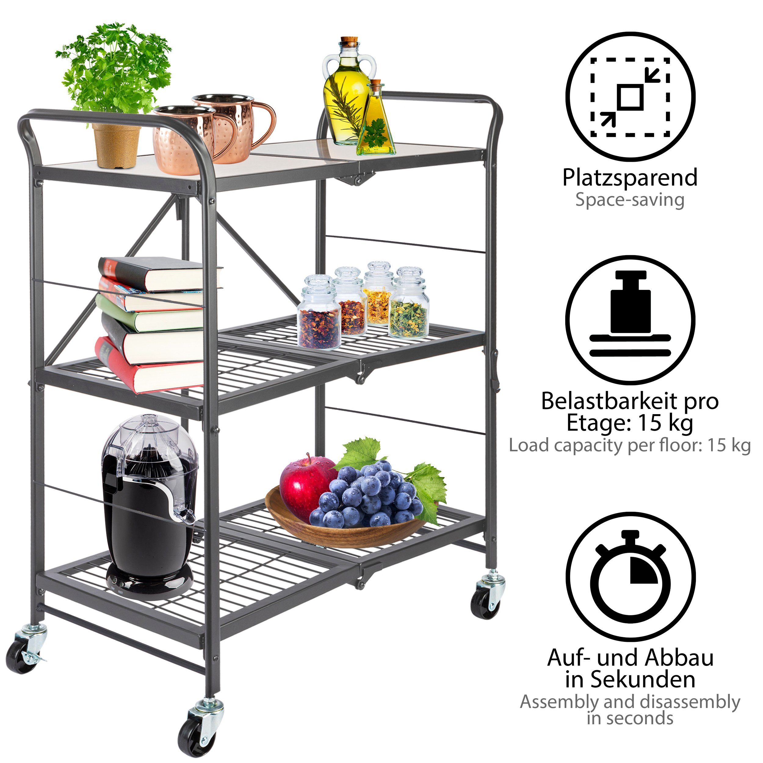 ONVAYA Küchenwagen klappbar, Servierwagen mit Rollen, Beistellwagen, Küchenregal