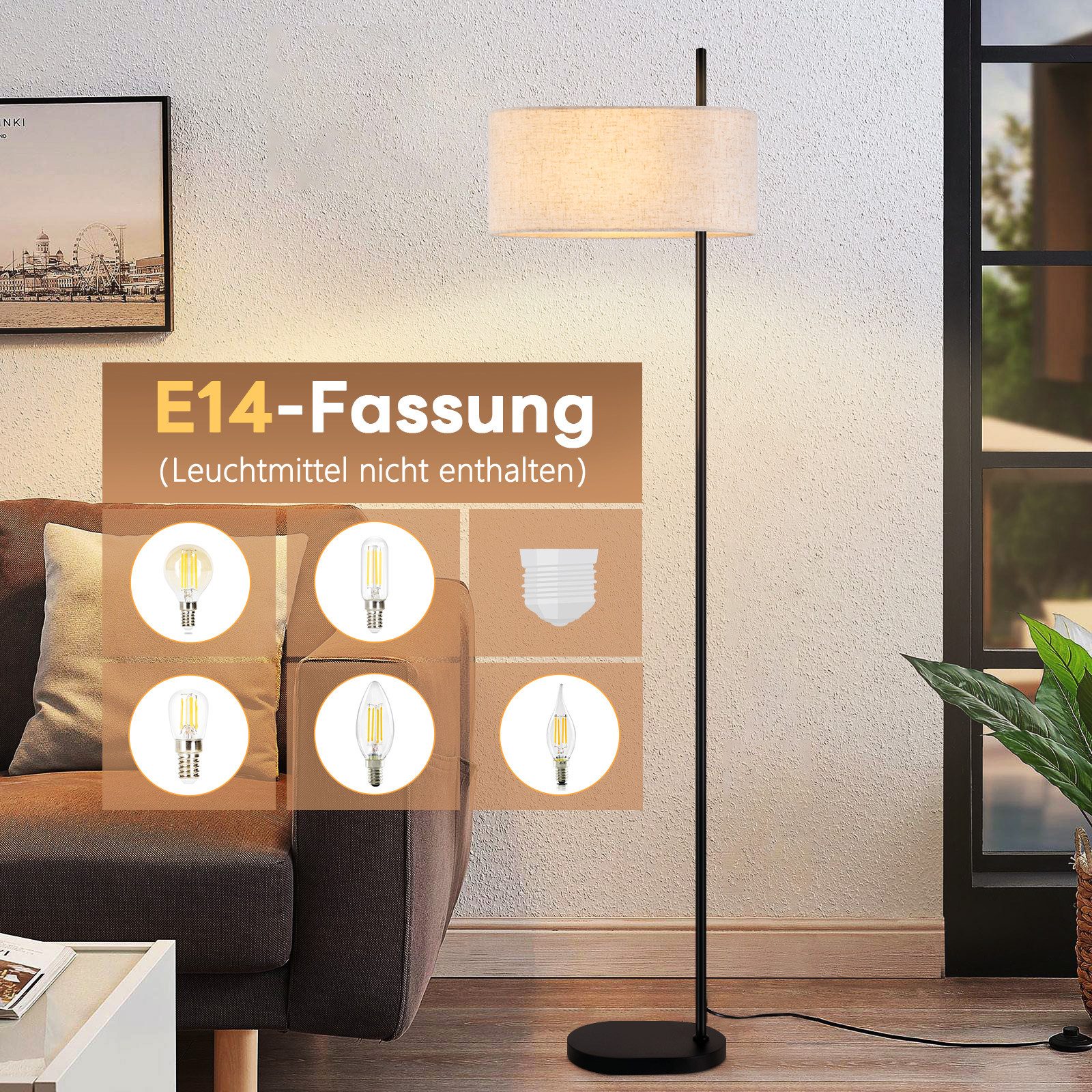 Nettlife Stehlampe Wohnzimmer Vintage Stoffschirm Weiß günstig online kaufen