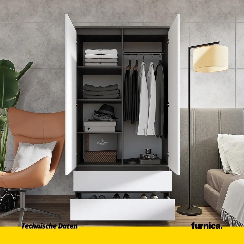 Furnica Kleiderschrank Joelle Anthrazit Grau, 2 Türen und 2 Schubladen H180cm B90cm T50cm