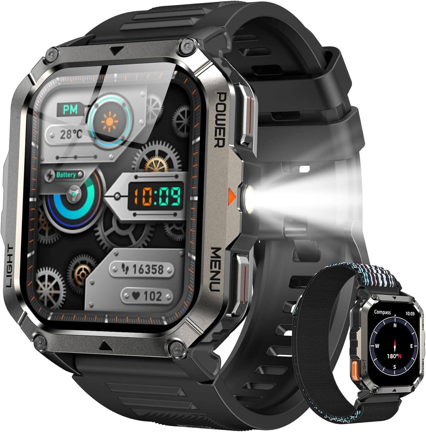 blackview Robuste Smartwatch Herren, 900mAh Akku( 20 Tage) , Bluetooth Telefonie Smartwatch (2.01 Zoll, iOS&Andriod) Packung, 1-tlg., mit Nylon-Armband & weichemSilikon und Ladekabel, Kompass,LED-Taschenlampe,Herzfrequenz,SpO₂,Schlafanalyse,Schrittzähler