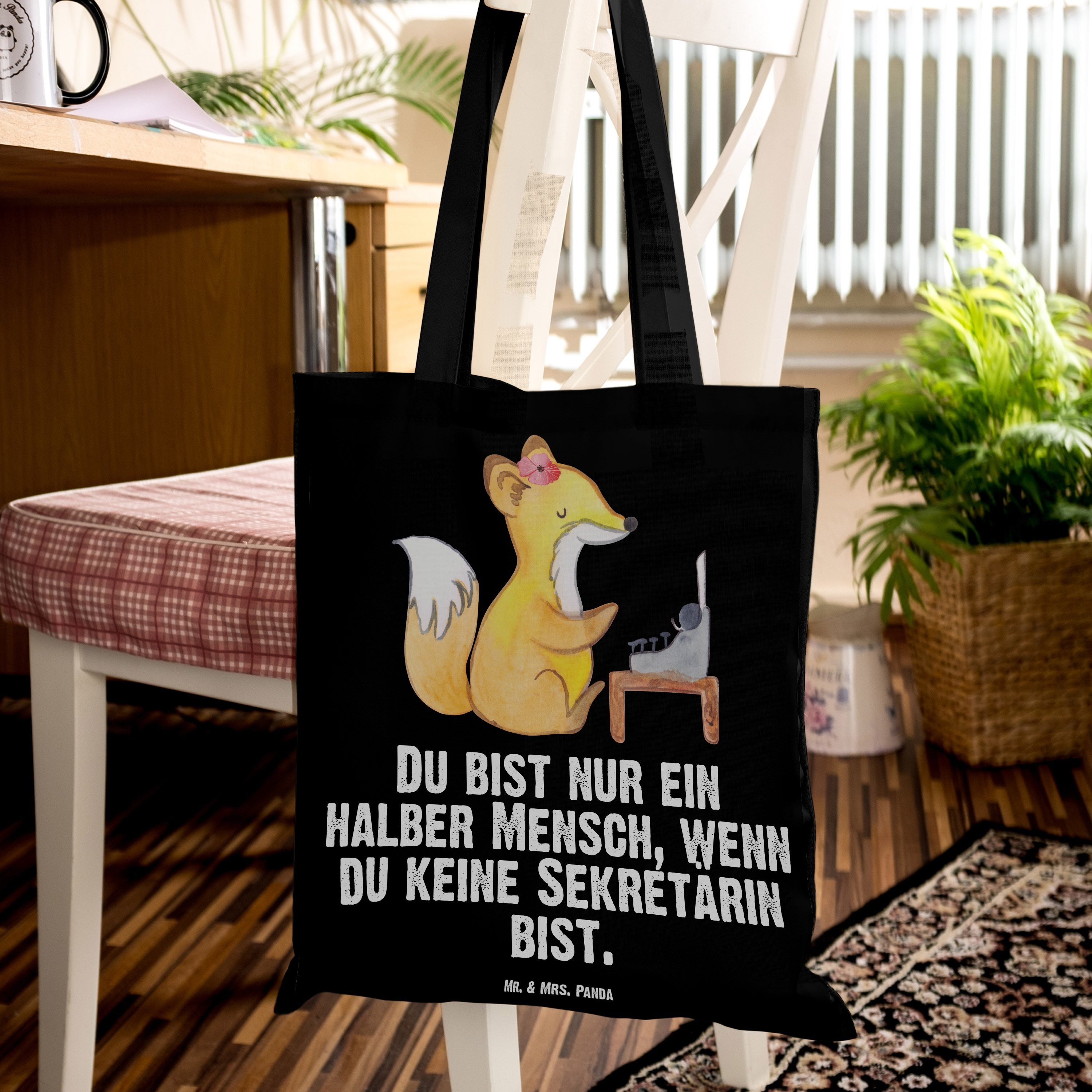 Mr. & Mrs. Panda Beuteltasche, Geschenk, Tragetasche - J Jutebeutel, (1-tlg) Schwarz Herz - Sekretärin mit