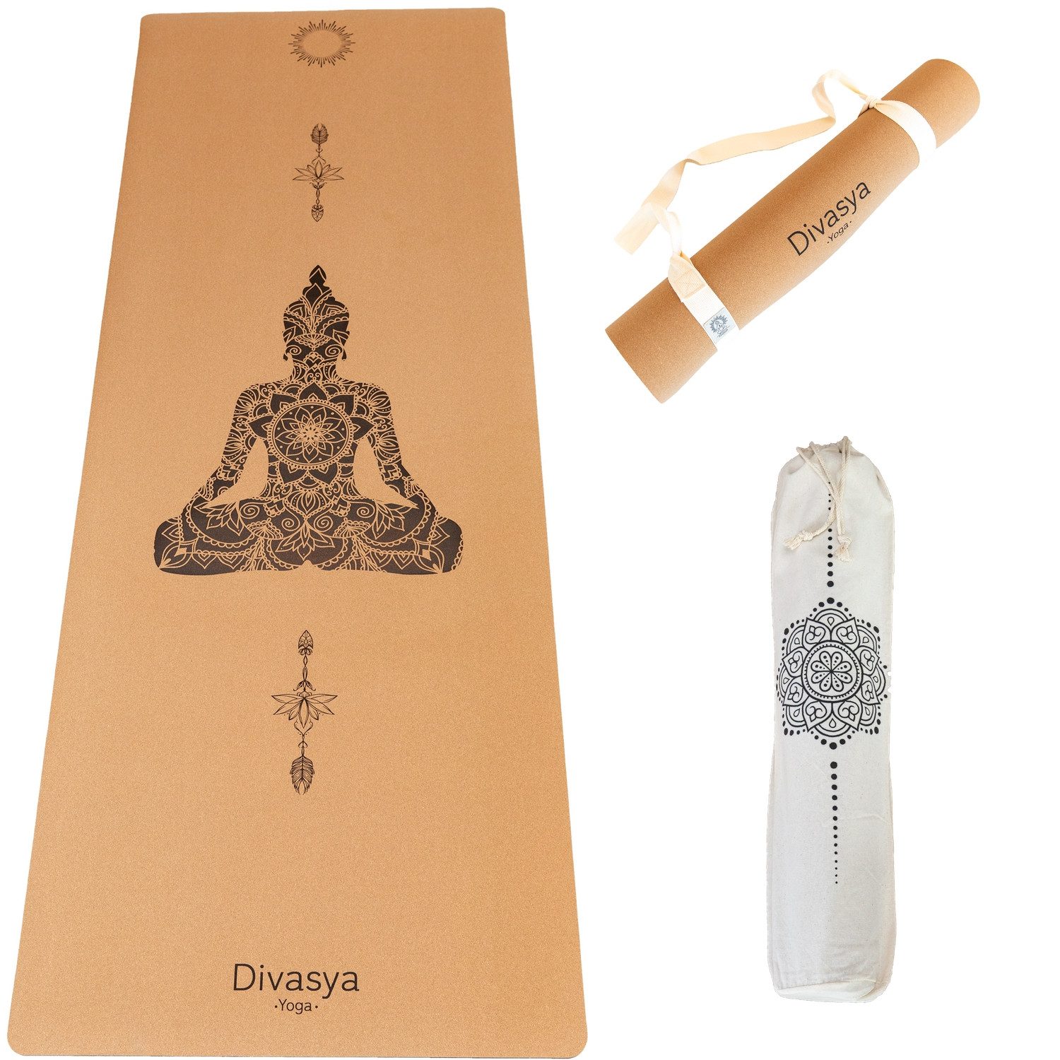 DIVASYA Yogamatte Yogamatte Kork, viele Yoga-Designs, inkl. Hülle & Tragegurt
