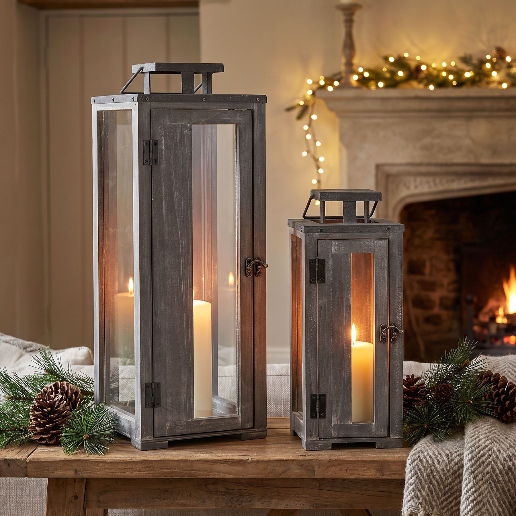 Levandeo® Kerzenlaterne 2er Set Laternen H55cm H36cm Grau Gewischt Shabby Chic Vintage Windlic (2 St)