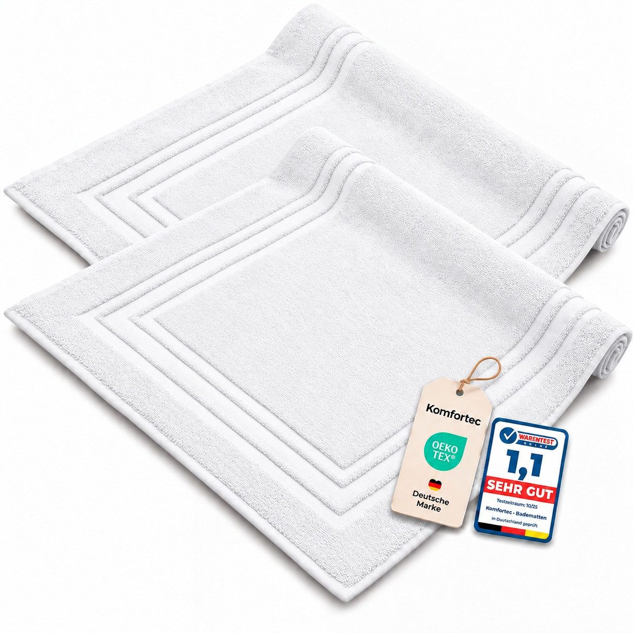 Komfortec Badematte 2er Badetuch Set aus 100% Baumwolle 50x70 cm Extra Weich & Saugstark, Rechteckig, 600 g/m² von Komfortec