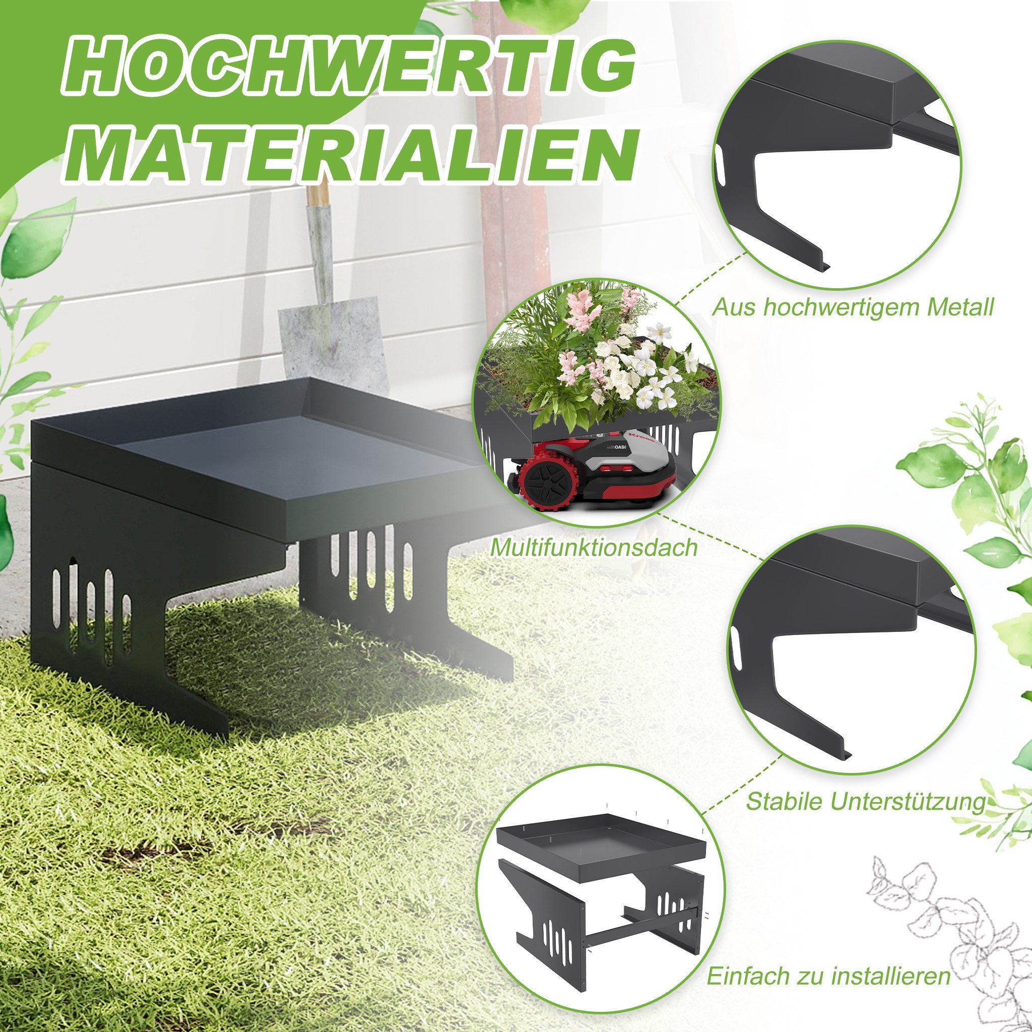 FIVMEN Mähroboter-Garage Metall Schutzüberdachung für Rasenroboter mit Pflanzkaste Überdachung, UV-Schutz Carport für Mähroboter Rasenmäher, 70x60x43cm