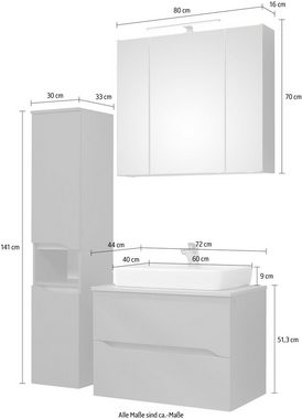 Saphir Badmöbel-Set Quickset 3-teilig, Keramik-Aufsatzbecken mit LED-Spiegelschrank, (3-St), Midischrank, inkl. Türdämpfer, 2 Schubladen, 5 Türen, 8 Einlegeböden