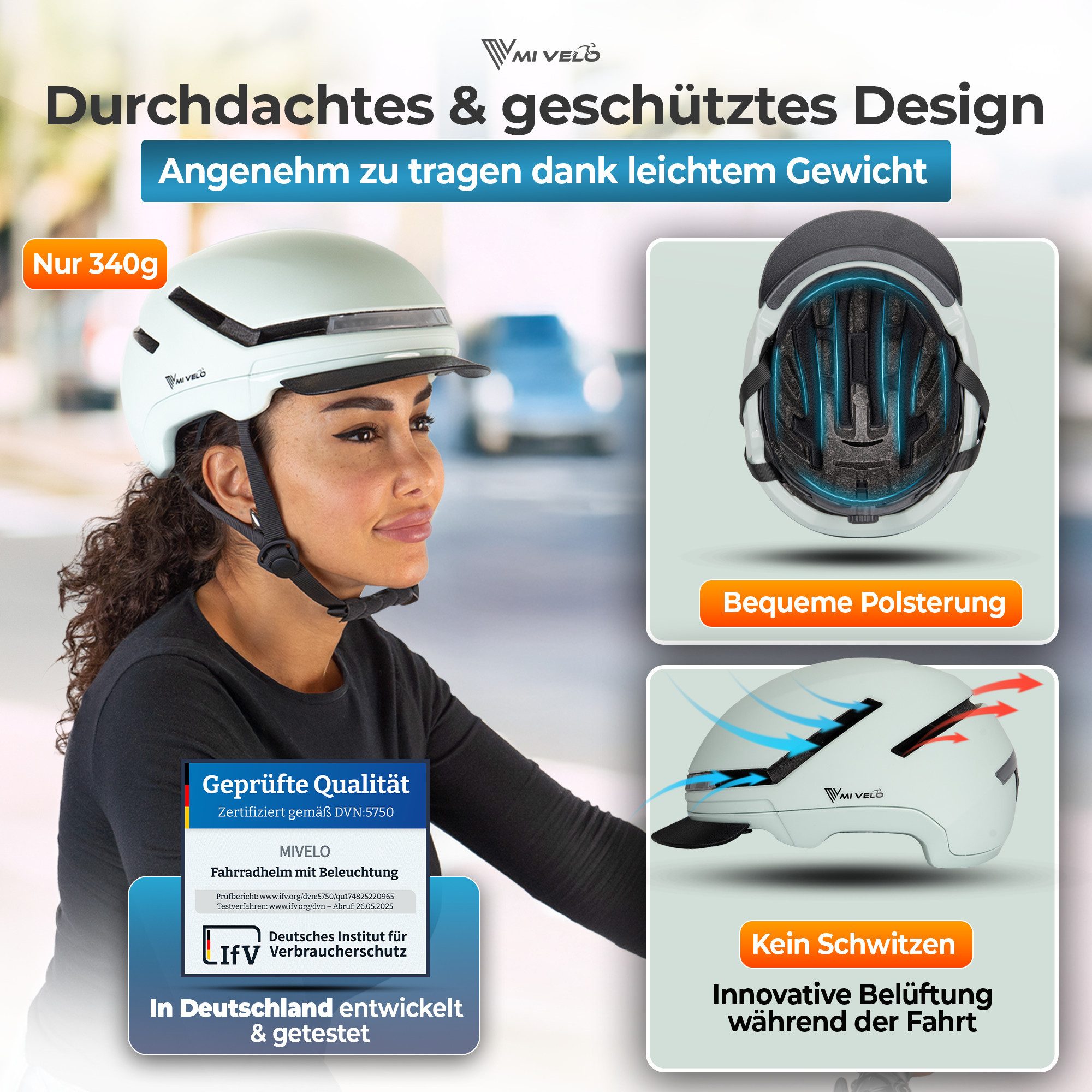 MIVELO Fahrradhelm NOVA - für Herren und Damen mit Licht vorne & hinten, NTA zertifiziert, 360° Beleuchtung, 24 Monate Crash-Ersatz-Garantie