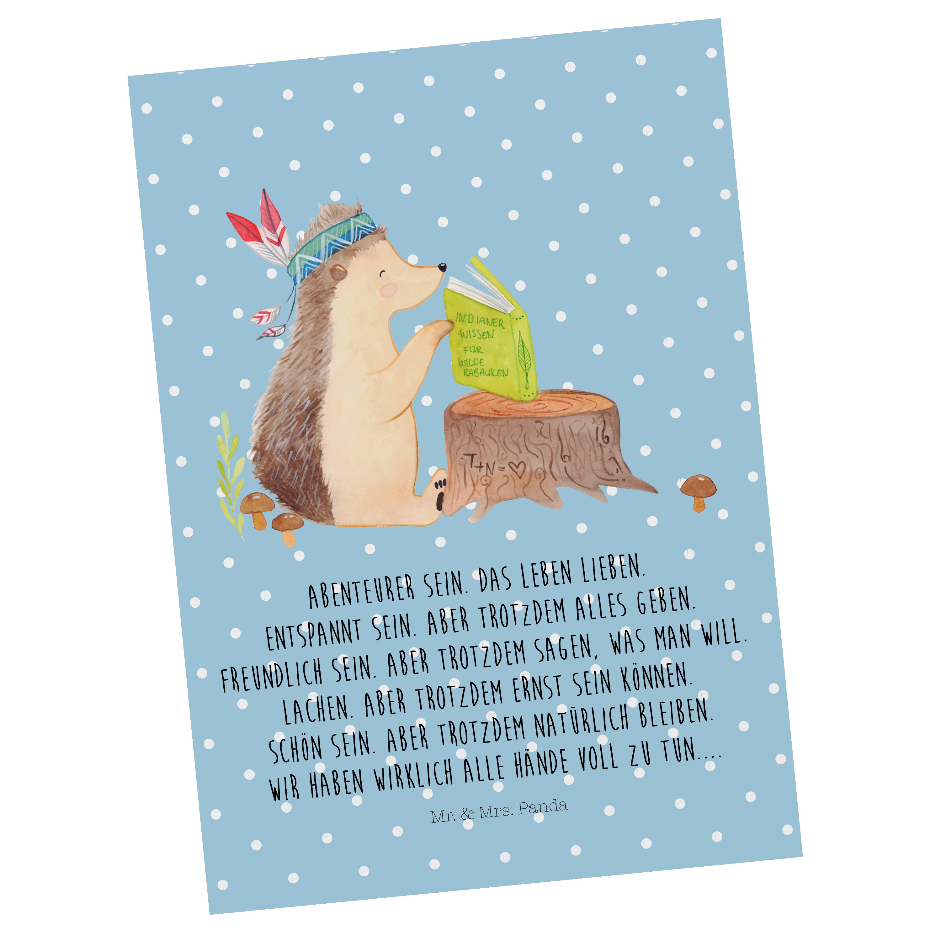 Mr. & Mrs. Panda Postkarte Igel mit Federkopfschmuck - Blau Pastell - Geschenk, Geschenkkarte, K