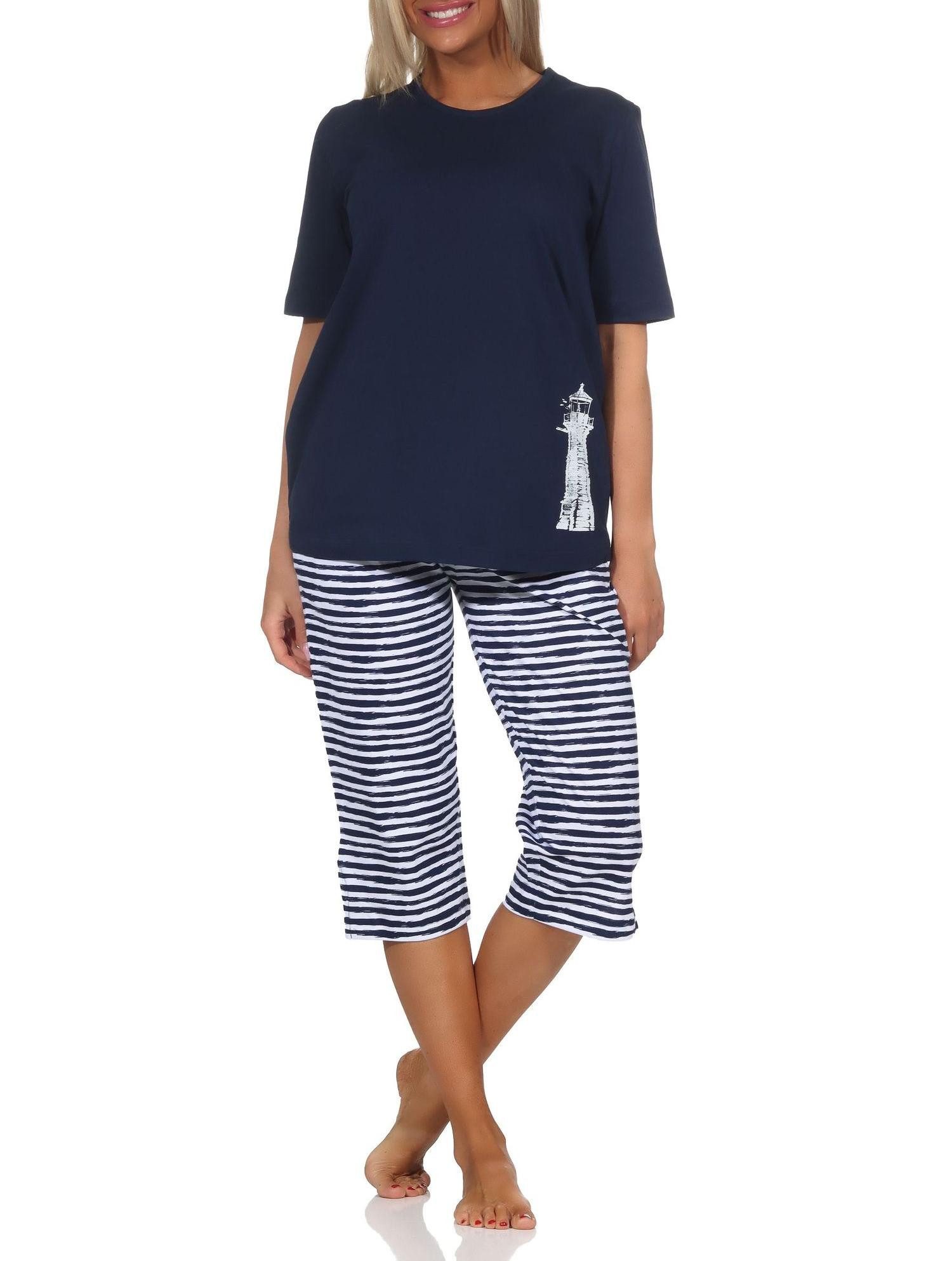 Normann Pyjama Damen kurzarm Capri Schlafanzug in maritimer Optik -auch in Übergröße