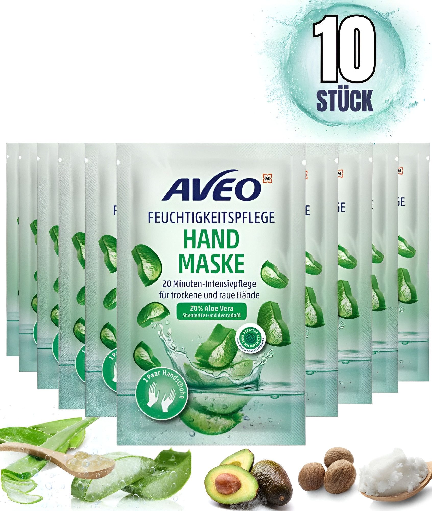 AVEO Handmaske Feuchtigkeitspflege 10er Pack, 10-tlg., 20 Minuten-Intensivpflege für trockene und raue Hände