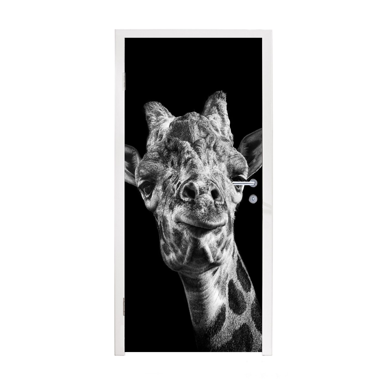 MuchoWow Türtapete Giraffe vor schwarzem Hintergrund in schwarz und weiß, Matt, bedruckt, (1 St), Fototapete für Tür, Türaufkleber, 75x205 cm