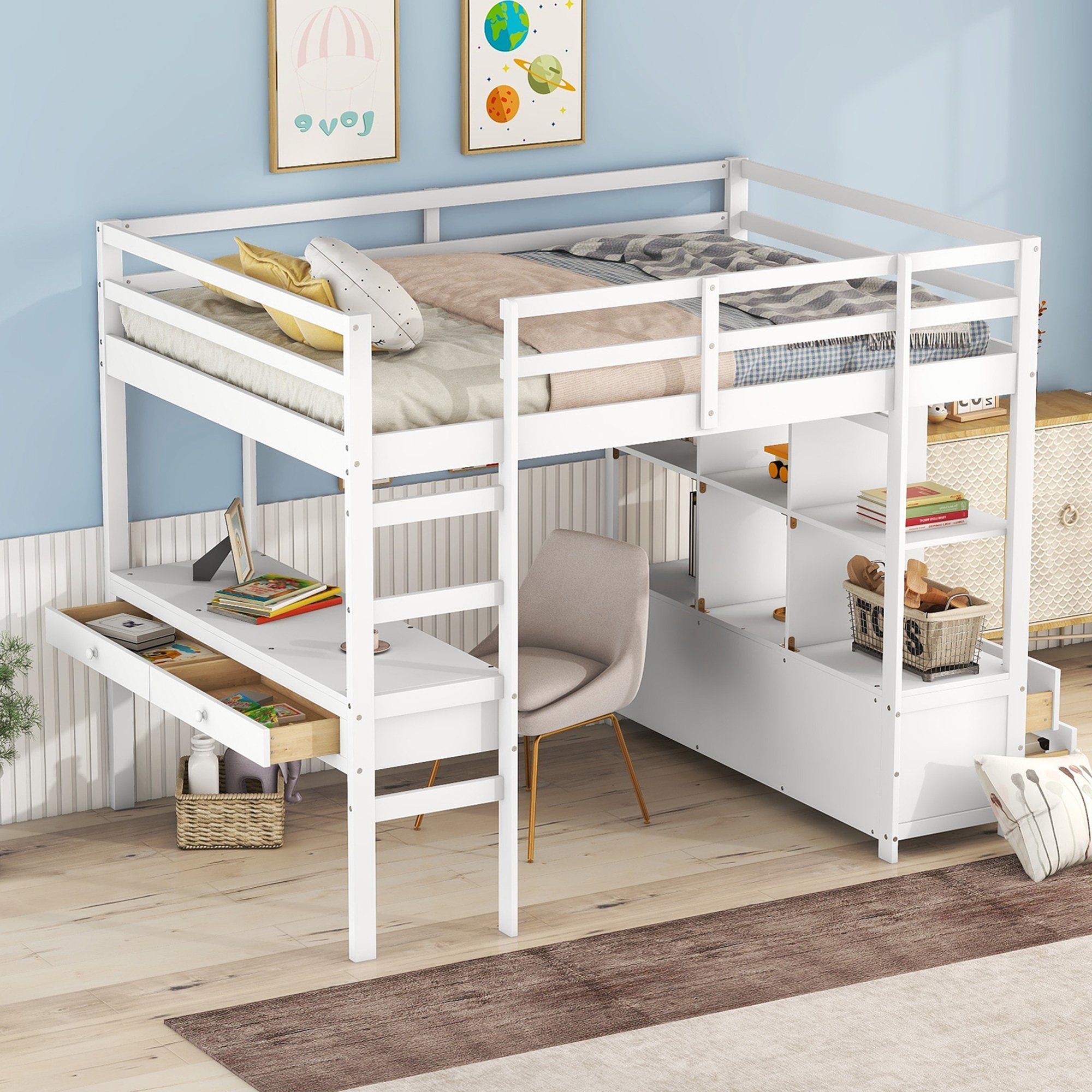 Flieks Hochbett Kiefer Kinderbett mit Schreibtisch günstig online kaufen