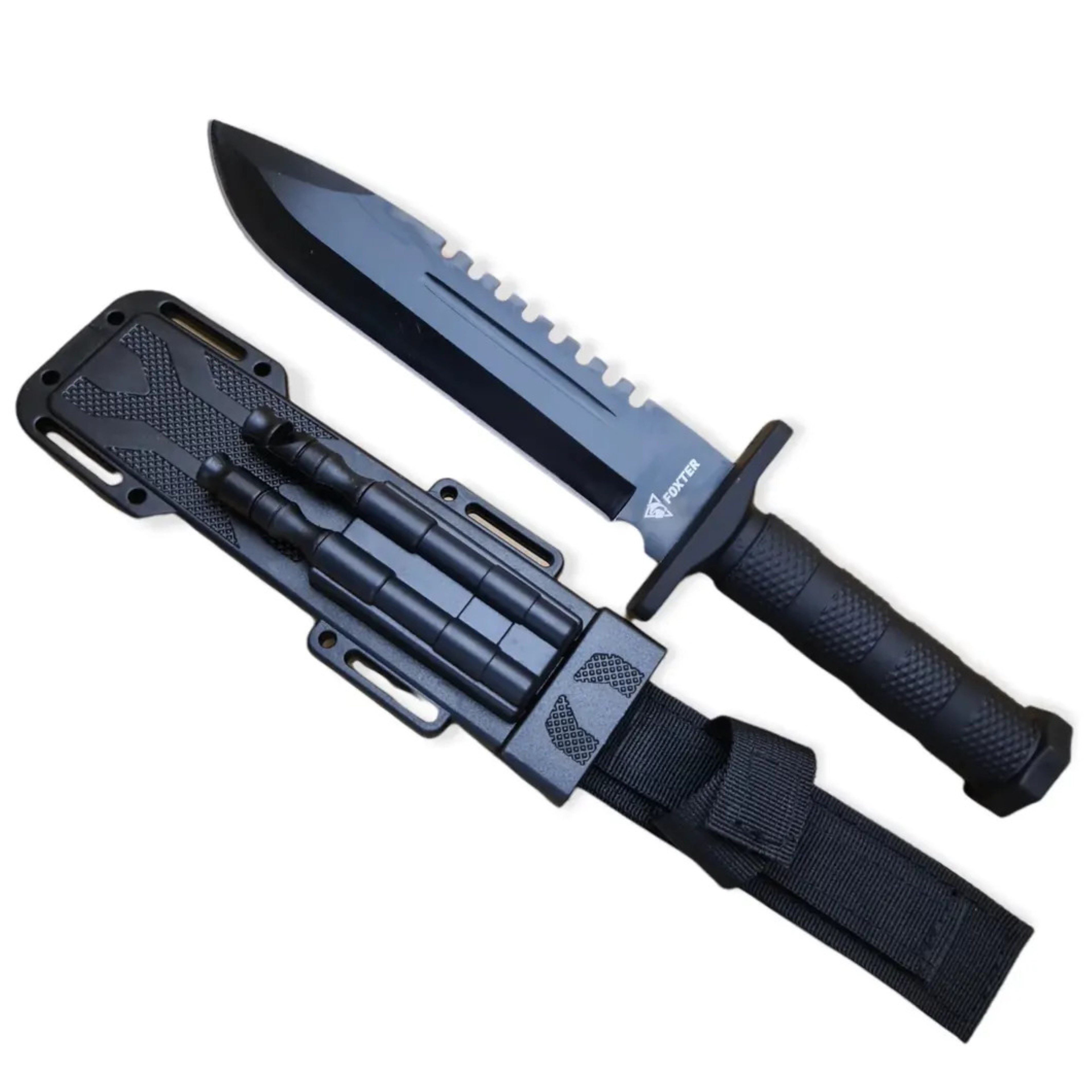 Foxter Universalmesser Taktisches Outdoor-Messer 31 cm Edelstahlklinge mit Scheide & Camping, (Komplettes Outdoor-Messer-Set für Camping und Bushcraft, Messer-Set 31 cm inkl. Scheide, Feuerstahl, Schleifer, Pfeife), Taktisches Outdoor-Messer 31 cm mit Scheide, Feuerstahl & Pfeife