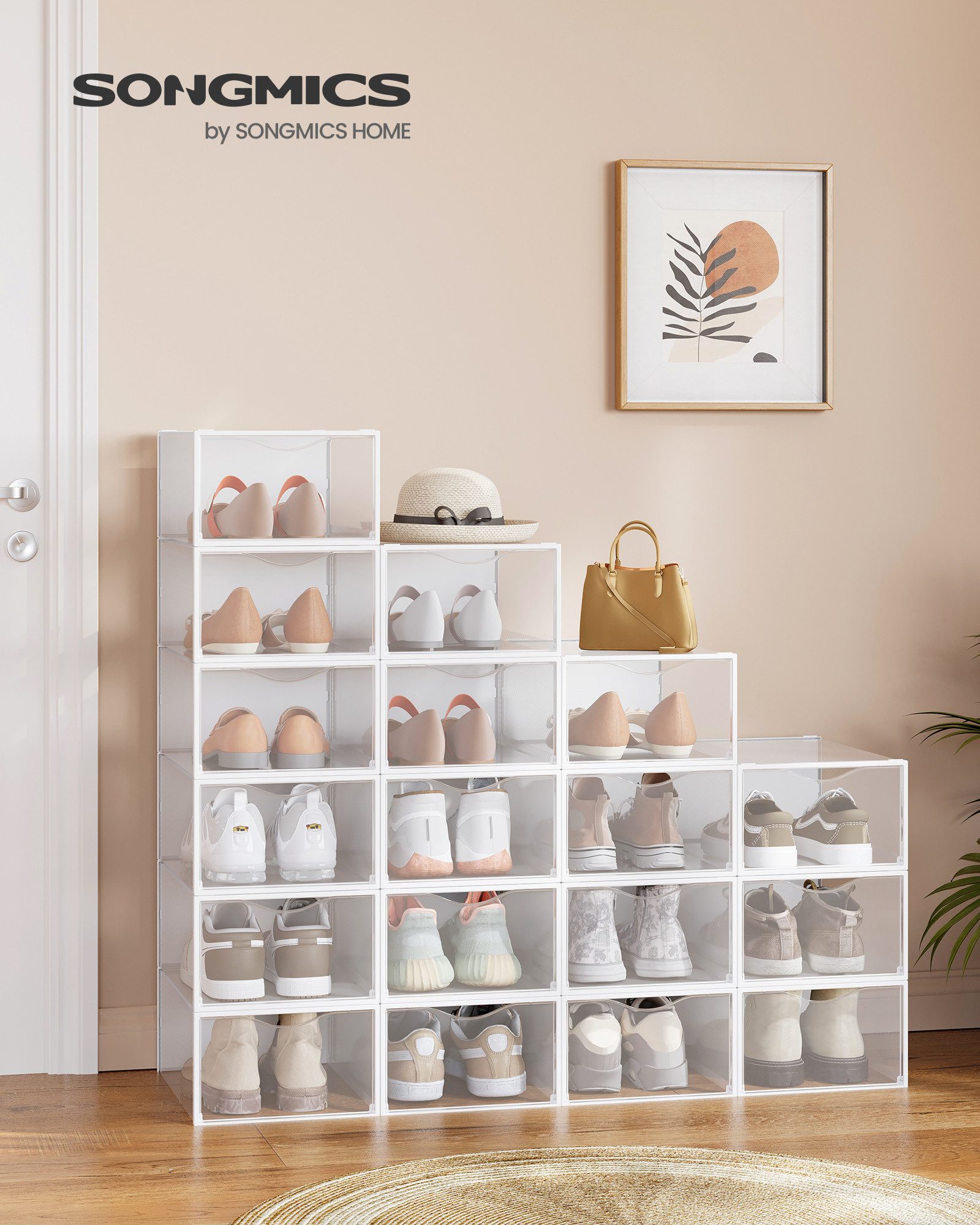 SONGMICS Schuhbox Schuh-Organizer aus Kunststoff, mit Tür, durchsichtig, stapelbar (18 St), einfache Montage, 33,2x23x14,5 cm, 18er Set, für Schuhe bis Größe 43 – Bild 3 von 5