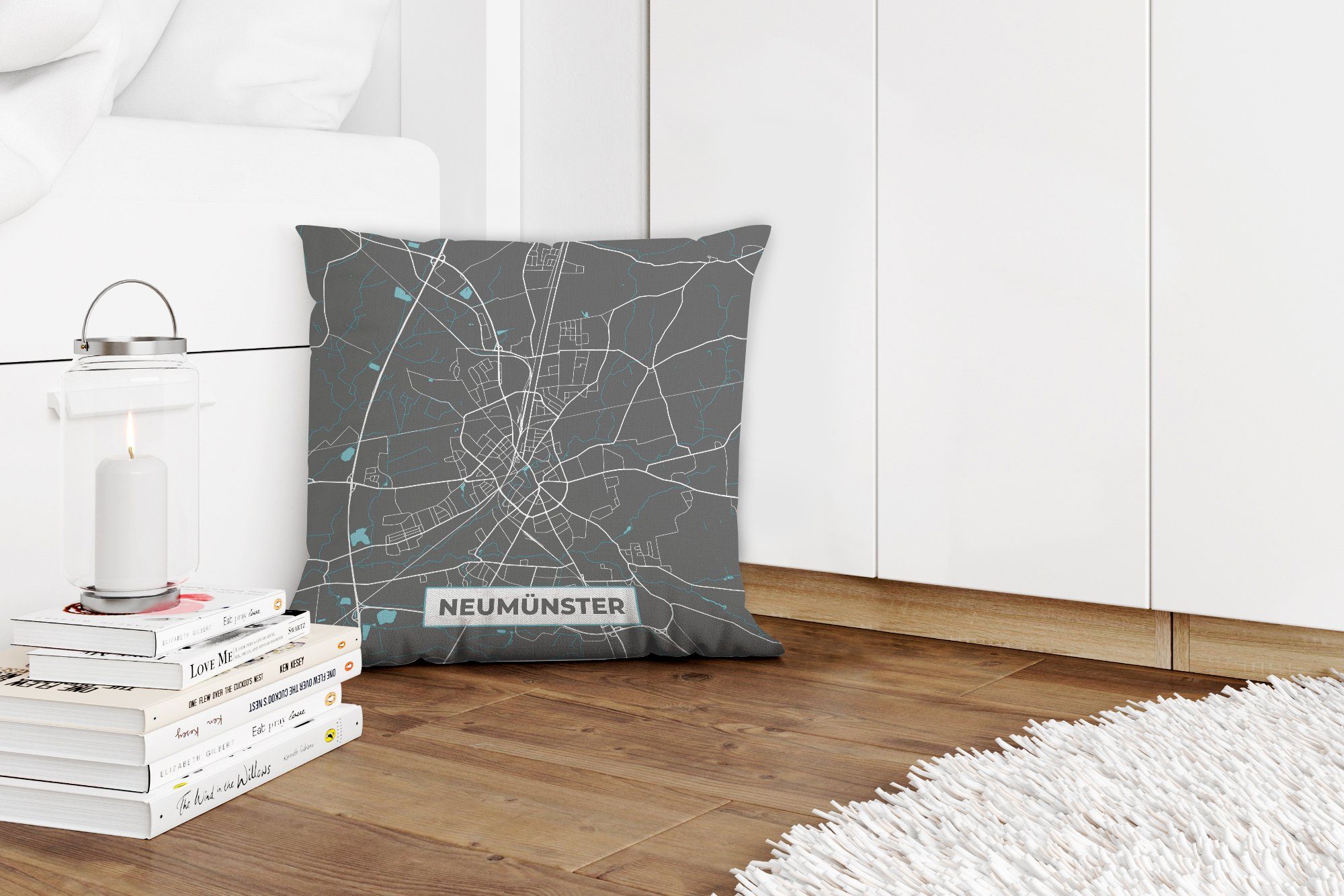 Karte, Deko, - mit Schlafzimmer, Dekokissen Neumünster für Blau - MuchoWow Sofakissen Deutschland Zierkissen Füllung Stadtplan Wohzimmer, - -