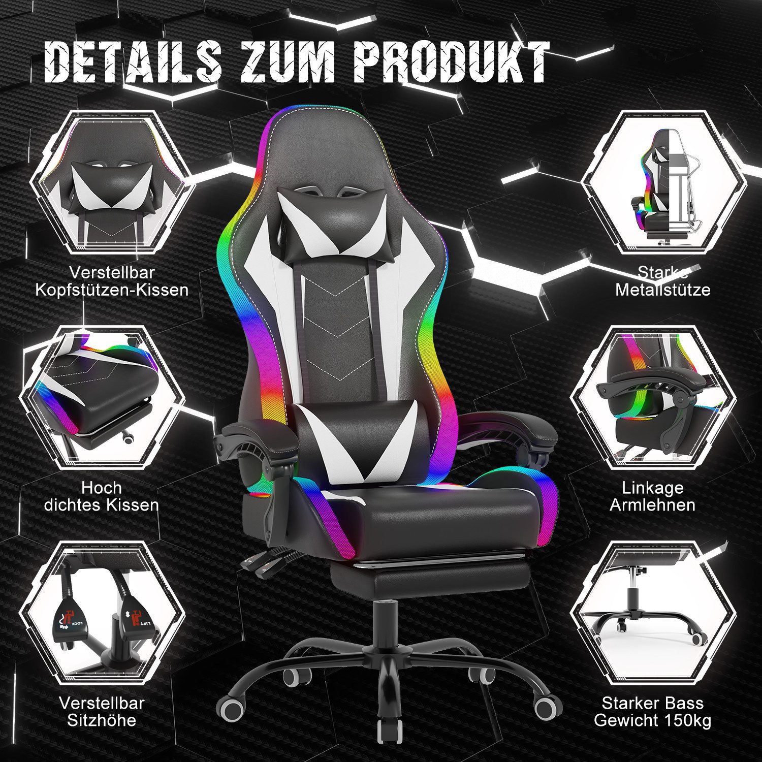 HOMALL Gaming-Stuhl mit LED,Ergonomisch,Fußstütze,computerstuhl,gaming stuhl mit massage (Die LED-Beleuchtung ist einstellbar, das Massagekissen für den Rücken ist beweglich), Ergonomischer Bürostuhl,Kopfstütze und Lendenstütze
