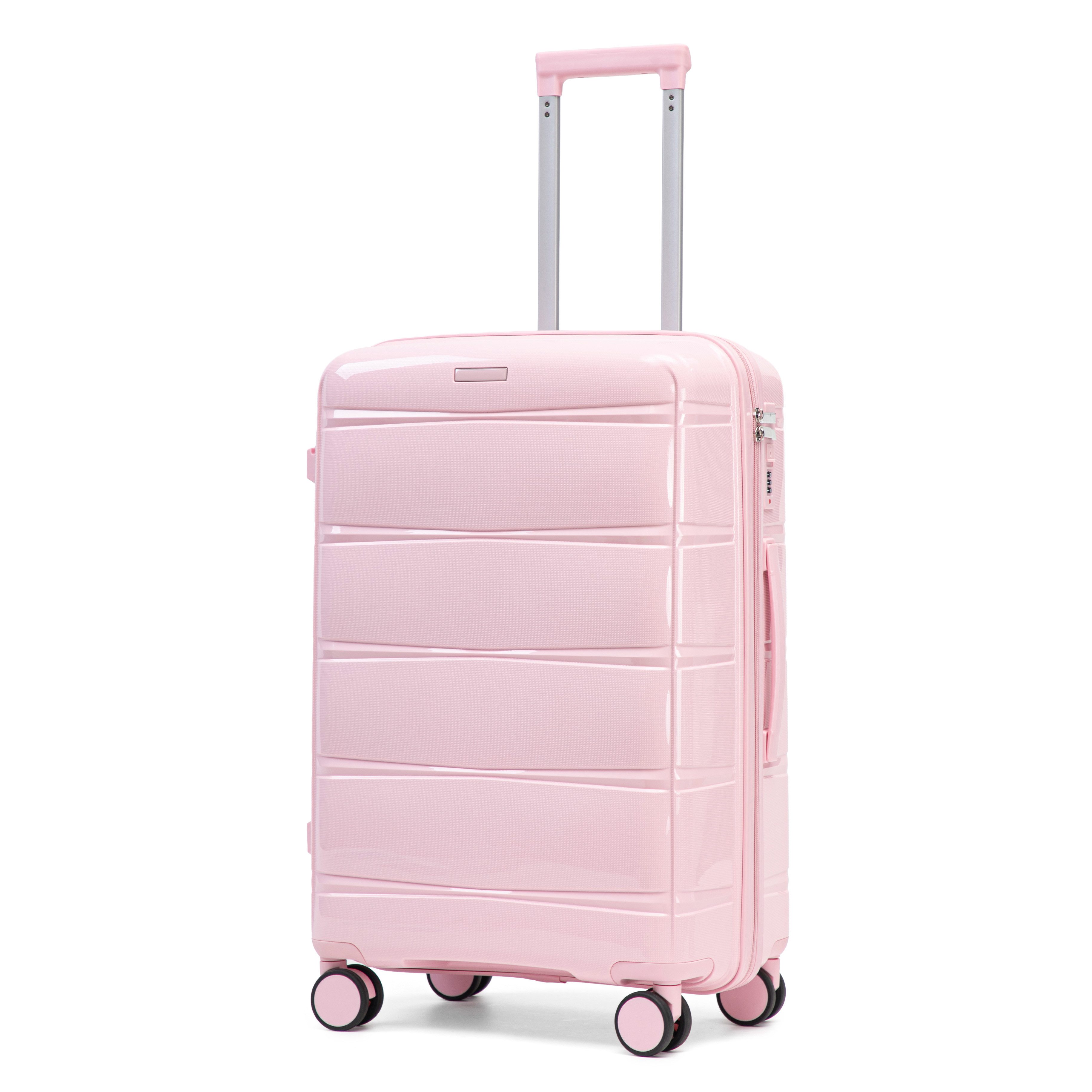 i@home Kofferset 24 Zoll PP-Koffer mit Haken & Seitengriff, 360° Laufrollen, Rosa, 4 Rollen, (1 tlg., 1 Aufgabegepäck), Eisen-Teleskopgriff, Reisekoffer für mittlere Reisen zum Einchecken