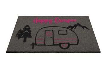 Fußmatte Happy Camper, Wecon home, Höhe: 18 mm, graue Fussmatte aus Kokosfaser mit Antirutschbeschichtung, Camper