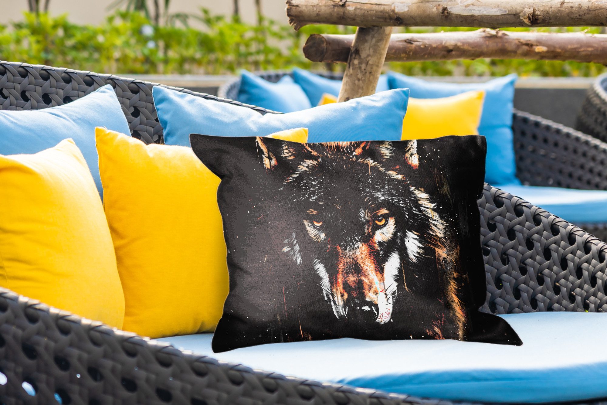 MuchoWow Dekokissen Tiere - Wolf - Porträt - Schwarz - Braun, Outdoor-Dekorationskissen, Kissen, Kissenbezug, 50x30 cm