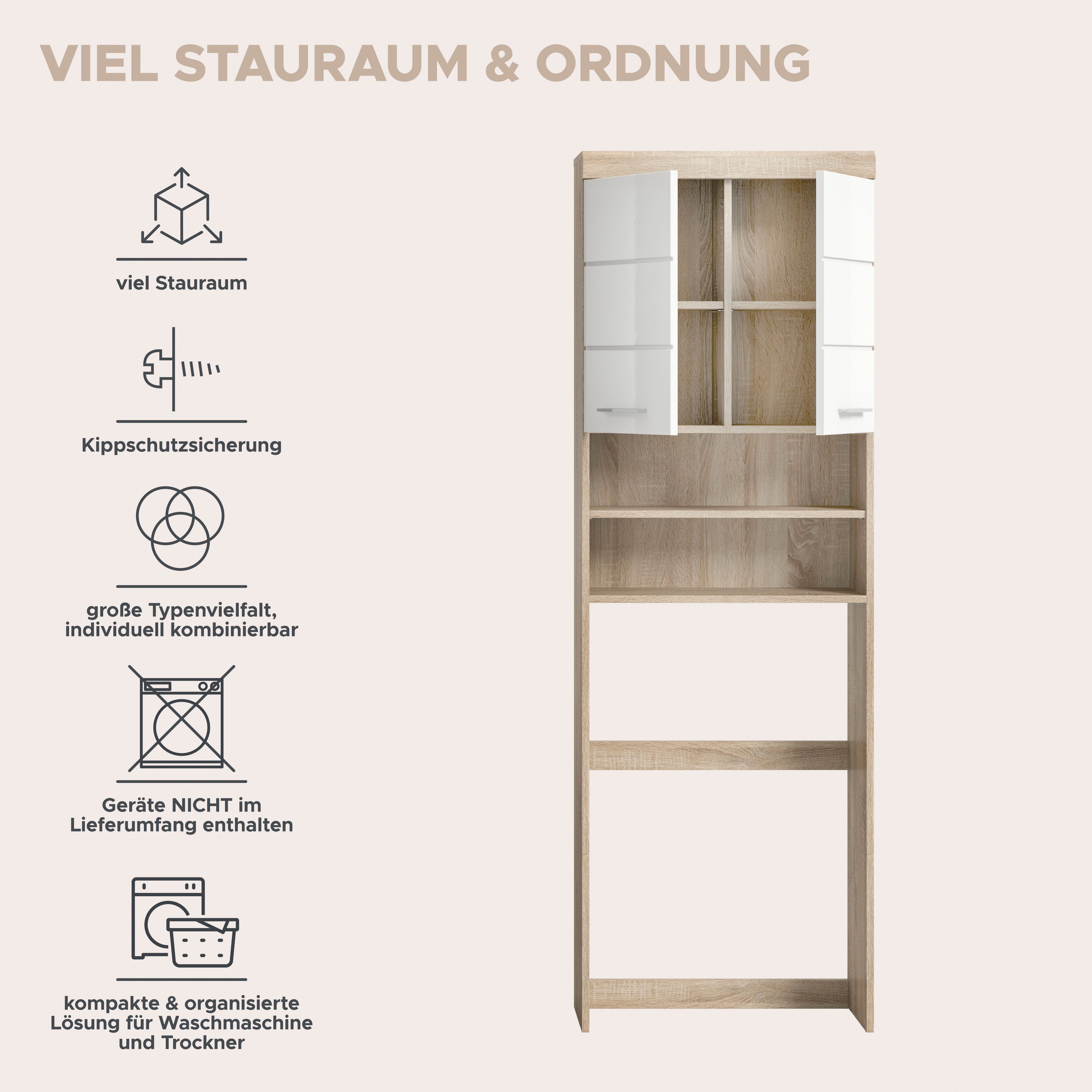welltime Waschmaschinenumbauschrank SIENA, Breite 63cm, für Waschmaschine & Trockner, 2 Türen, MDF-Front (TOPSELLER) in verschiedenen Farben, Überbauschrank, Um – Bild 4 von 5