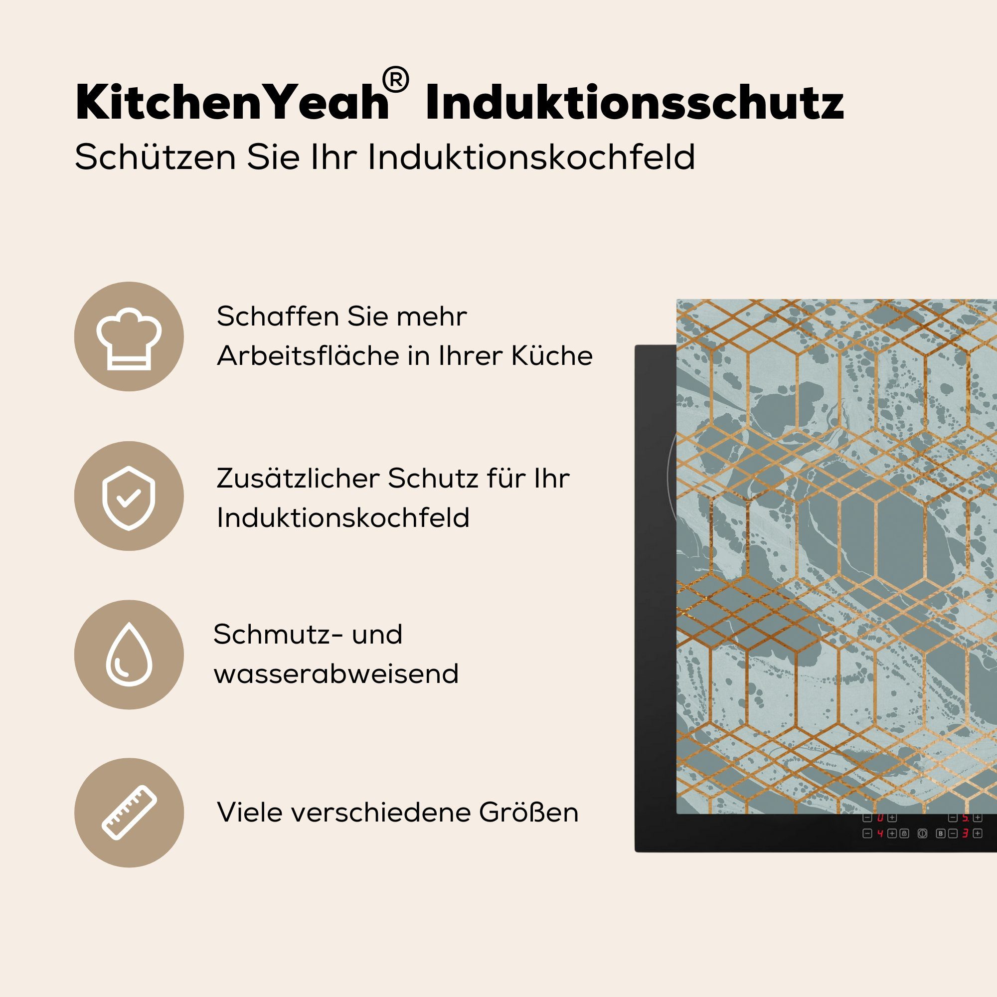 Arbeitsplatte Vinyl, küche MuchoWow - Gold tlg), - Herdblende-/Abdeckplatte Ceranfeldabdeckung, für Grau Muster, - cm, (1 Marmor 78x78