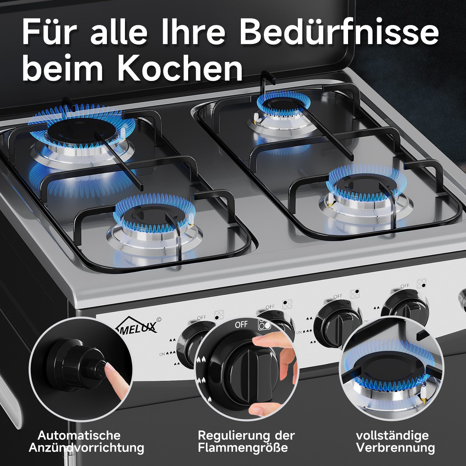 HOMELUX Gaskocher Campingkocher, 3/4/5 Flammig Gasherd Kochfeld, Campingkocher mit 1,5M Anschlussschlauch und Druckminderer 50 mbar
