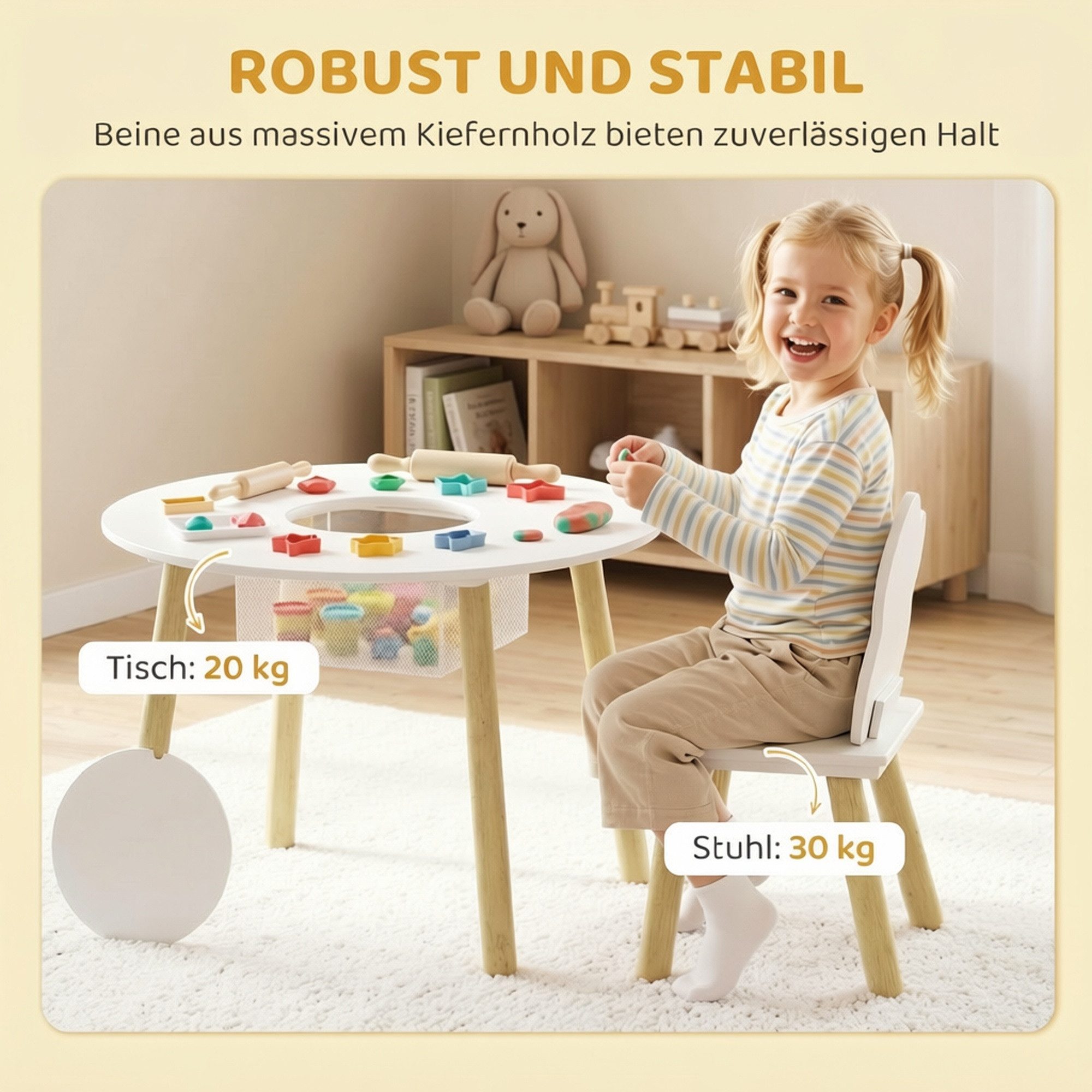 AIYAPLAY Kindersitzgruppe Kindertisch mit Aufbewahrungsnetz, Wolken-Design, Tisch Stuhl Set, (mit Holzbeinen, 3-tlg., 1 Tisch, 2 Stühle), für Kinderzimmer, für  – Bild 5 von 5