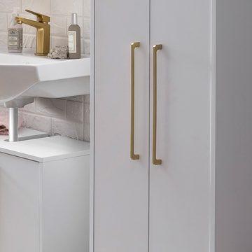 Lomadox Hochschrank SARAY-80 Badschrank Midischrank Badezimmer weiß, goldfarben 46,2 cm breit