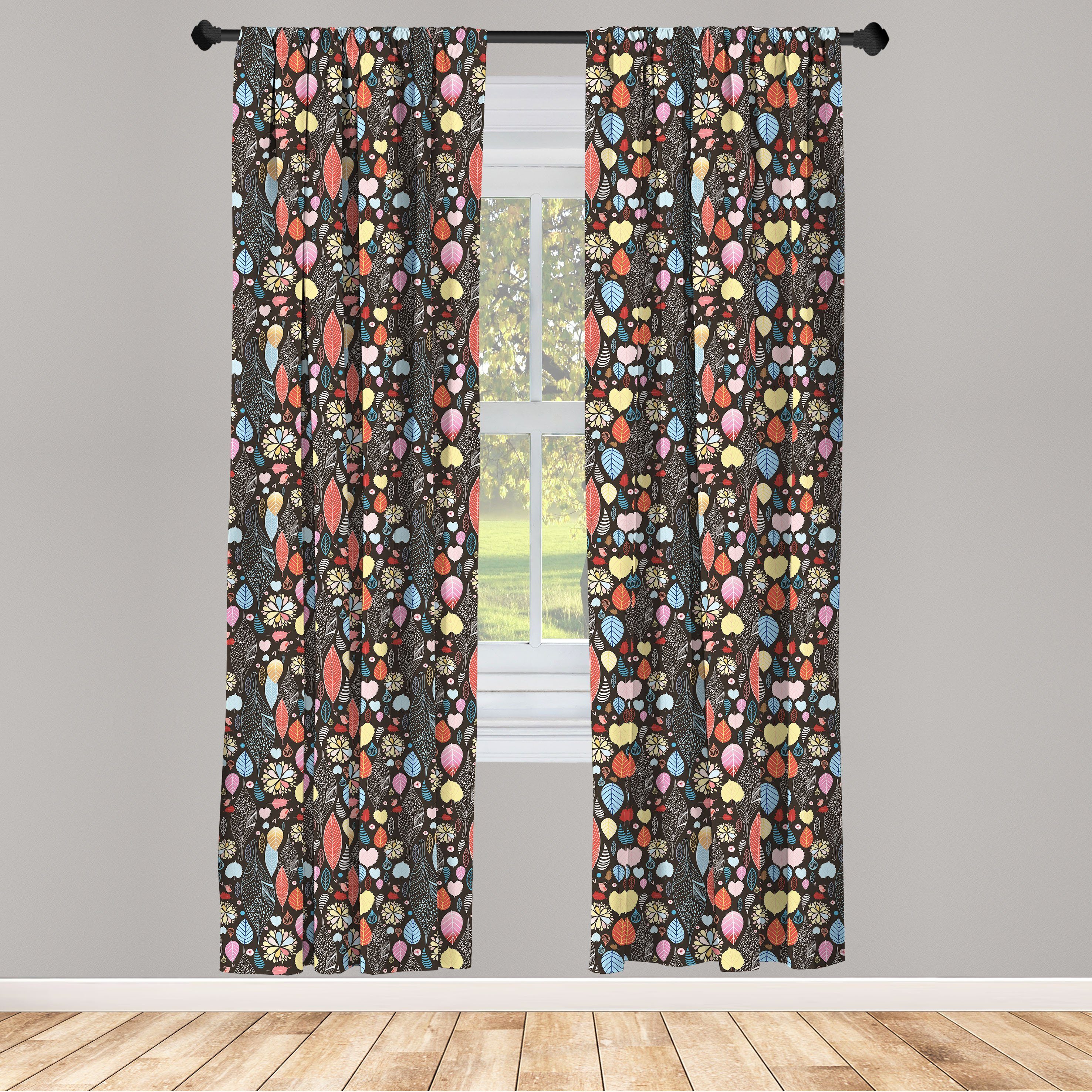 Gardine Vorhang für Wohnzimmer Schlafzimmer Dekor, Abakuhaus, Microfaser, Blätter Vögel Laub Blumen | Fertiggardinen
