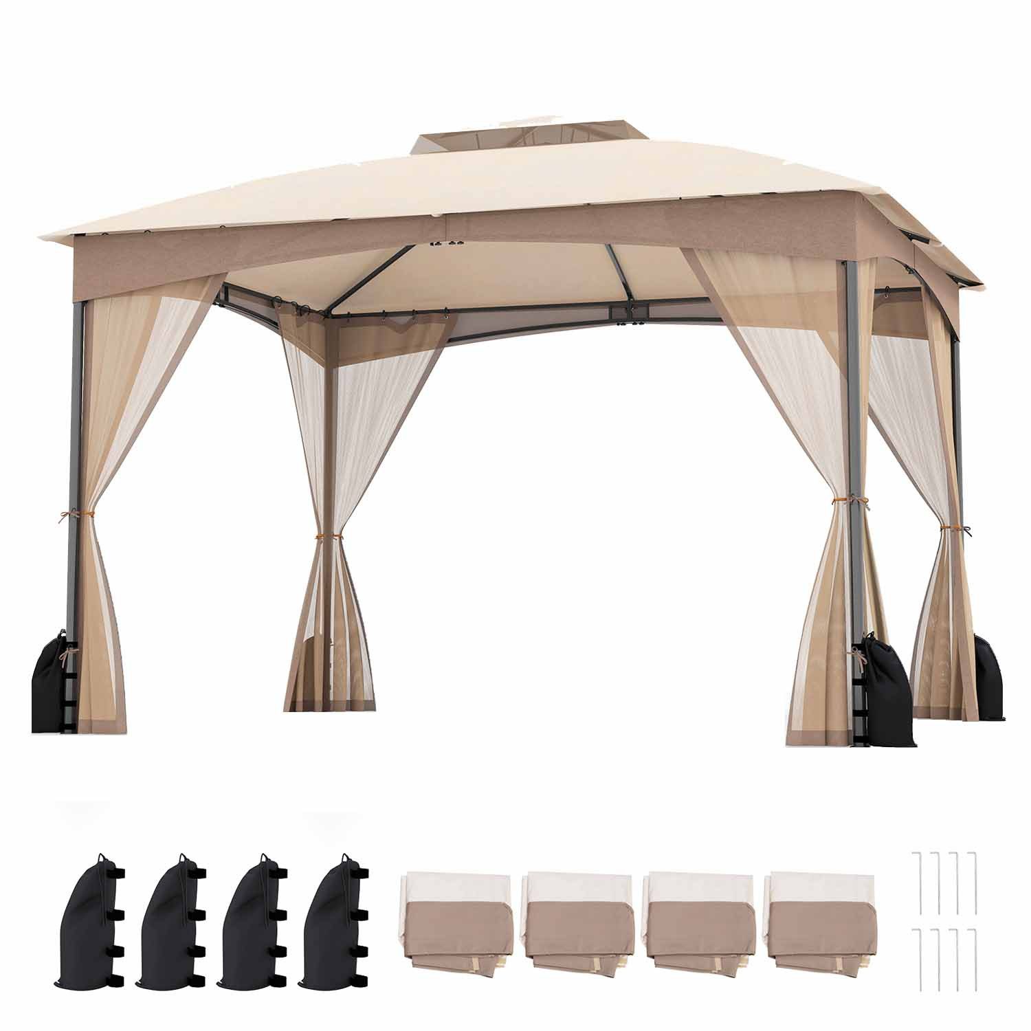 KOMFOTTEU Pavillon, Gartenpavillon mit Netzseitenwänden, 4 Sandsäcken & 8 Erdnägeln