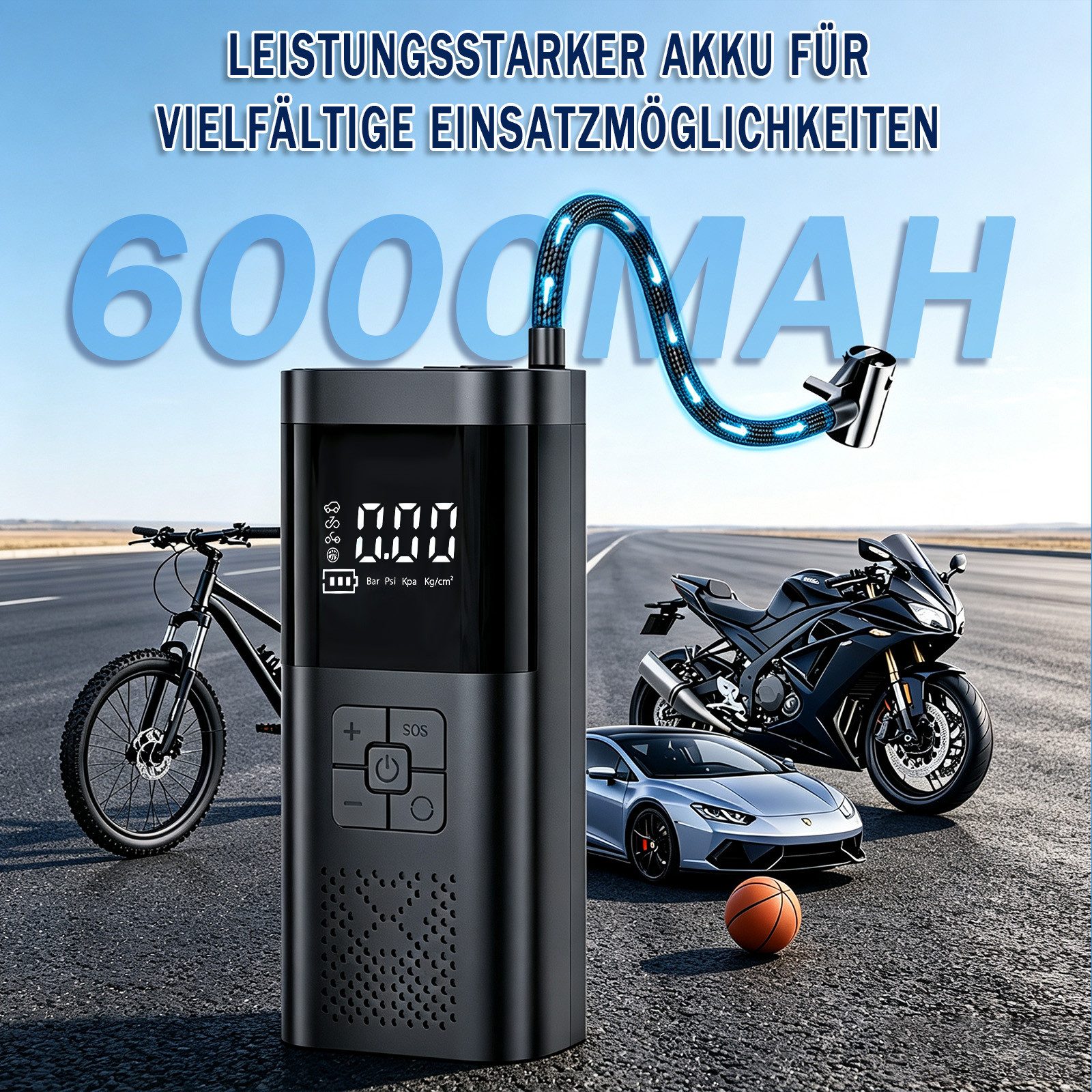 AKKEE Akku-Luftpumpe Mit 4000/6000-mAh-Akku, 150 PSI Tragbare Elektronische, Mit Manometer/Digital-LCD-Anzeige – Bild 2 von 5