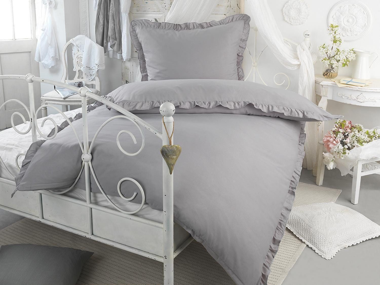 Holiday Heimtex Bettwäsche PURE ROMANTIC, L 135 x B 200 cm, Grau, Polyester günstig online kaufen