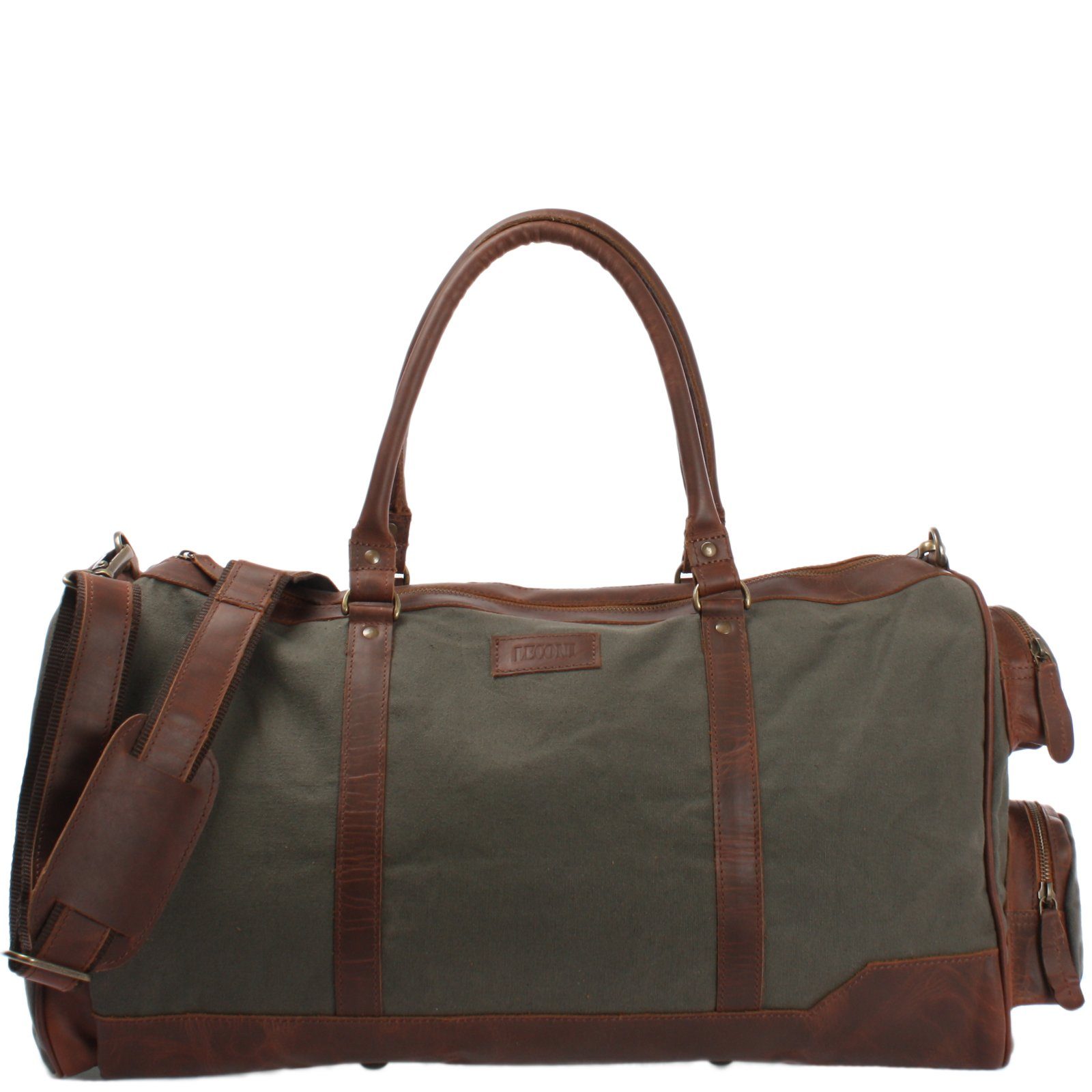 LECONI Reisetasche Weekender Sporttasche Handgepäck Damen Herren Leder Canvas LE2017, geteiltes Hauptfach - viele Außenfächer - 55x30x27 cm