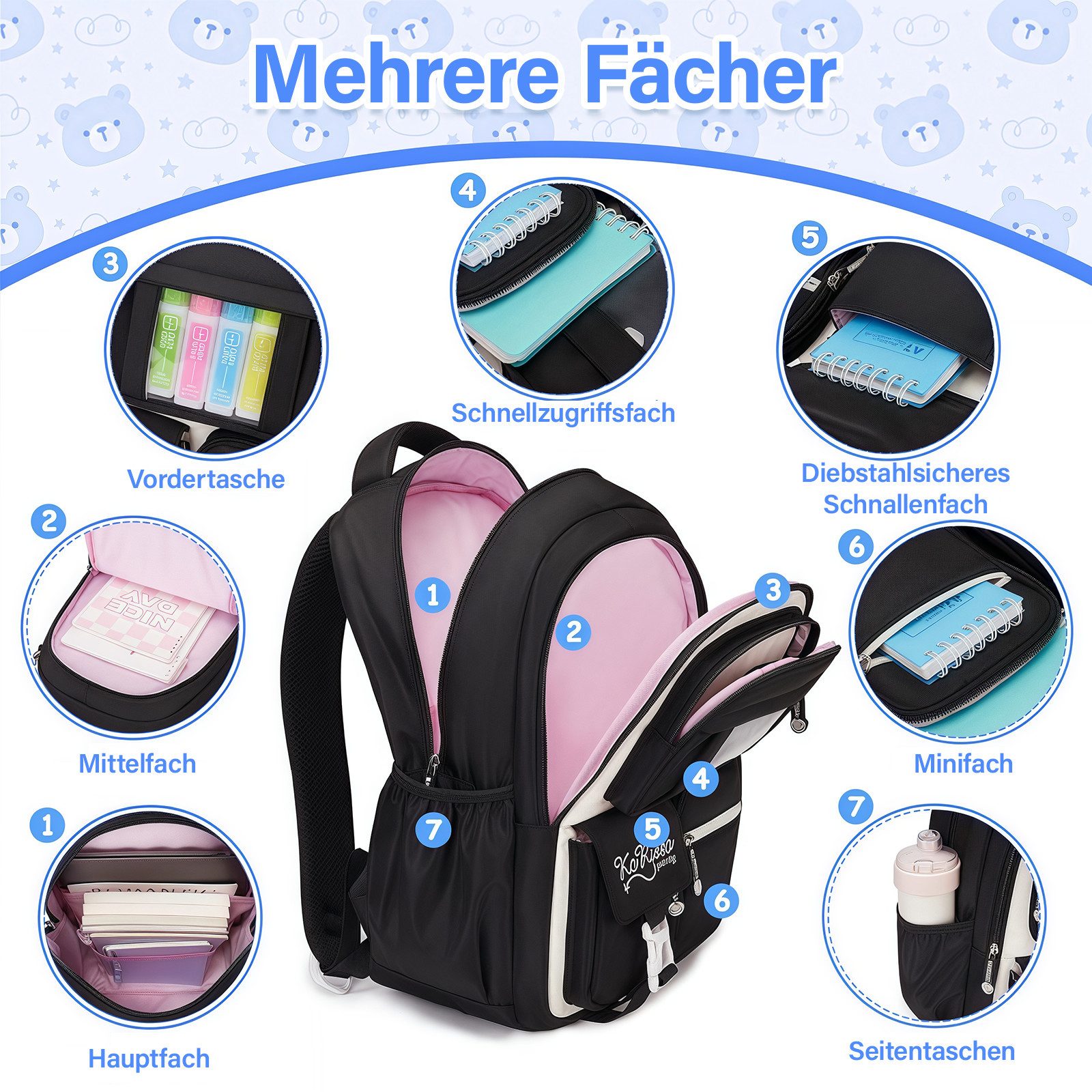 MOPUEA Schulrucksack Rucksack Schulrucksack Wasserabweisend Gepolstert Bequem