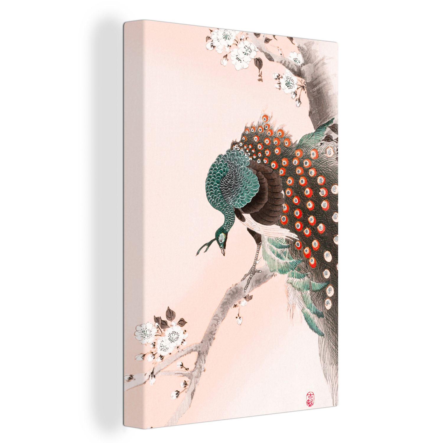 OneMillionCanvasses® Leinwandbild Pfau - Baum - Blumen - Japanisch - Skandinavisch, (1 St), Leinwandbild fertig bespannt inkl. Zackenaufhänger, Gemälde, 20x30 cm