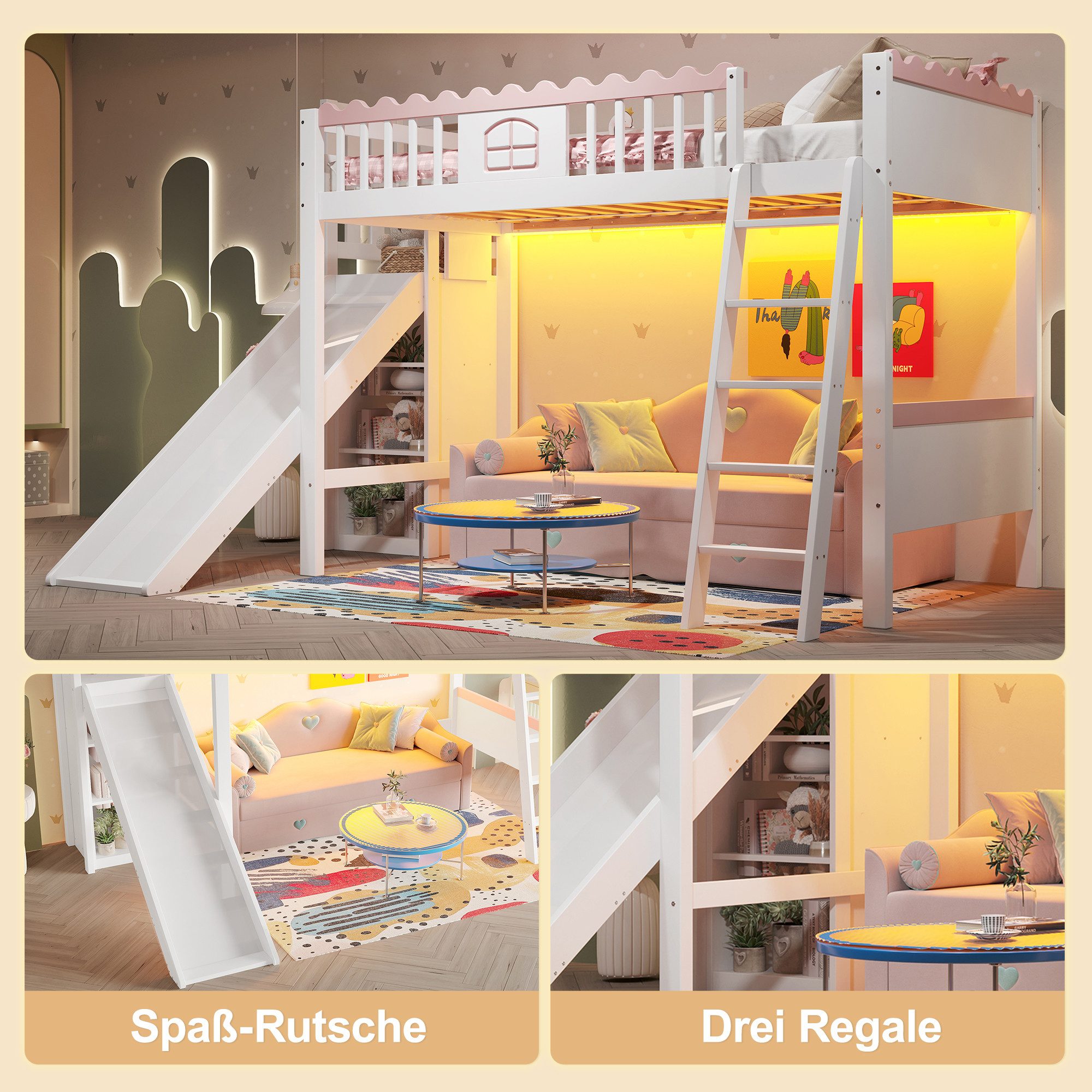 Flieks Hochbett Kinderbett Einzelbett 90x200cm mit LED-Leiste, Rutsche mit Regale – Bild 5 von 5