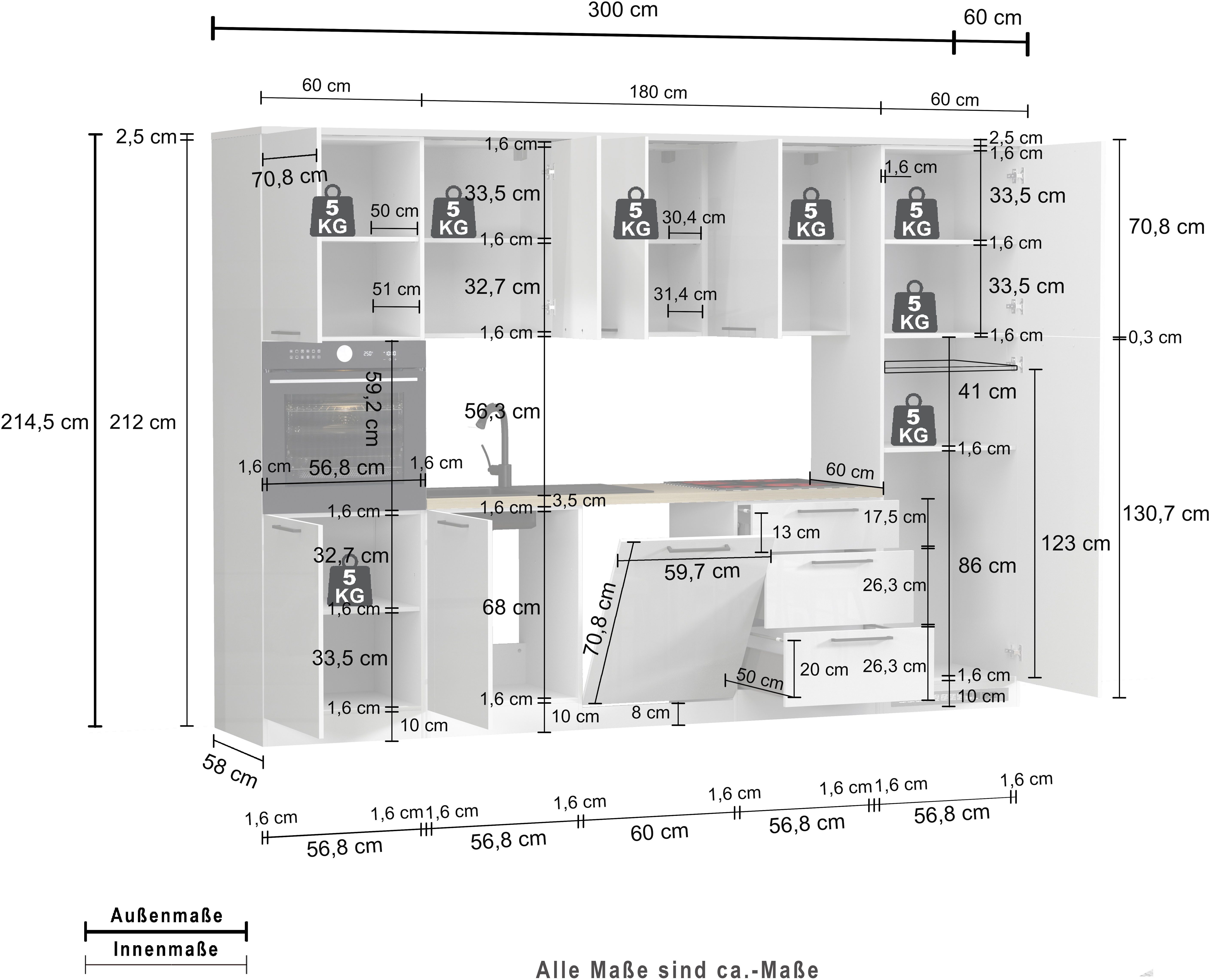 KOCHSTATION Küchenzeile KS-Luna, Einbauküche, Zeilenküche, Küchenblock, Breite 300 cm, wahlweise mit Hanseatic-E-Geräten, APL 35mm stark