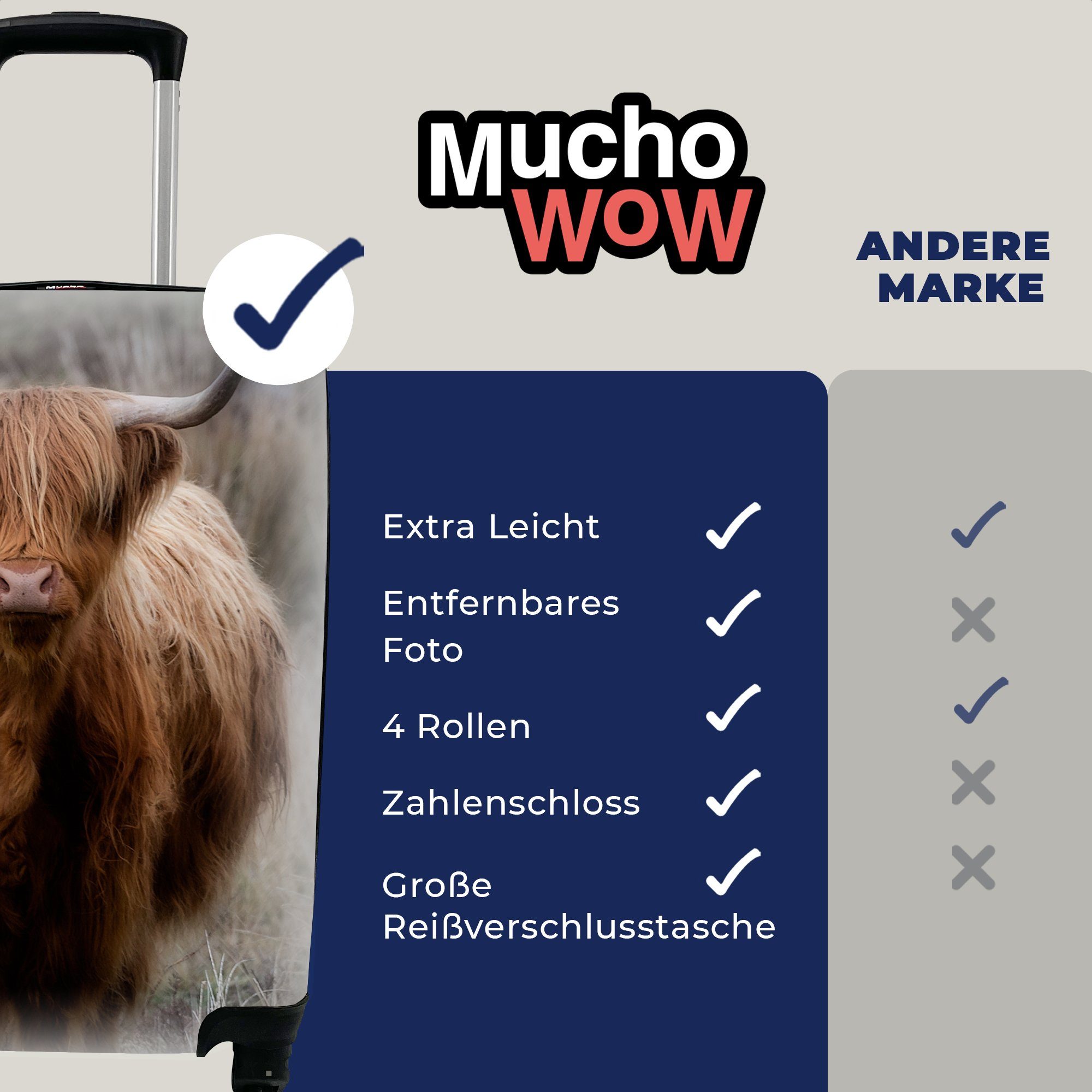 MuchoWow Handgepäckkoffer Schottischer Hochländer - Gras, Ferien, Moos Trolley, für Reisekoffer Reisetasche Handgepäck Rollen, mit - 4 rollen