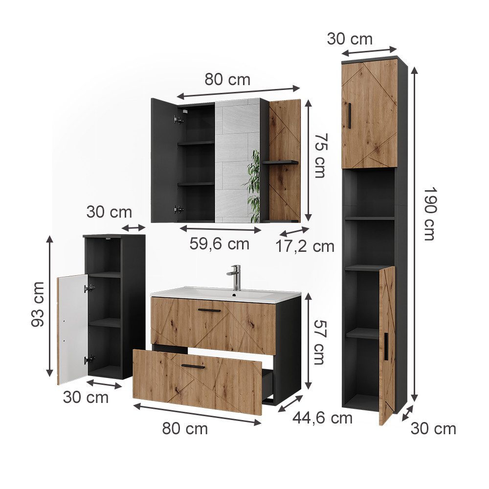 Vicco Badmöbel-Set Irma, Anthrazit/Artisan, 5 Teile, günstig online kaufen